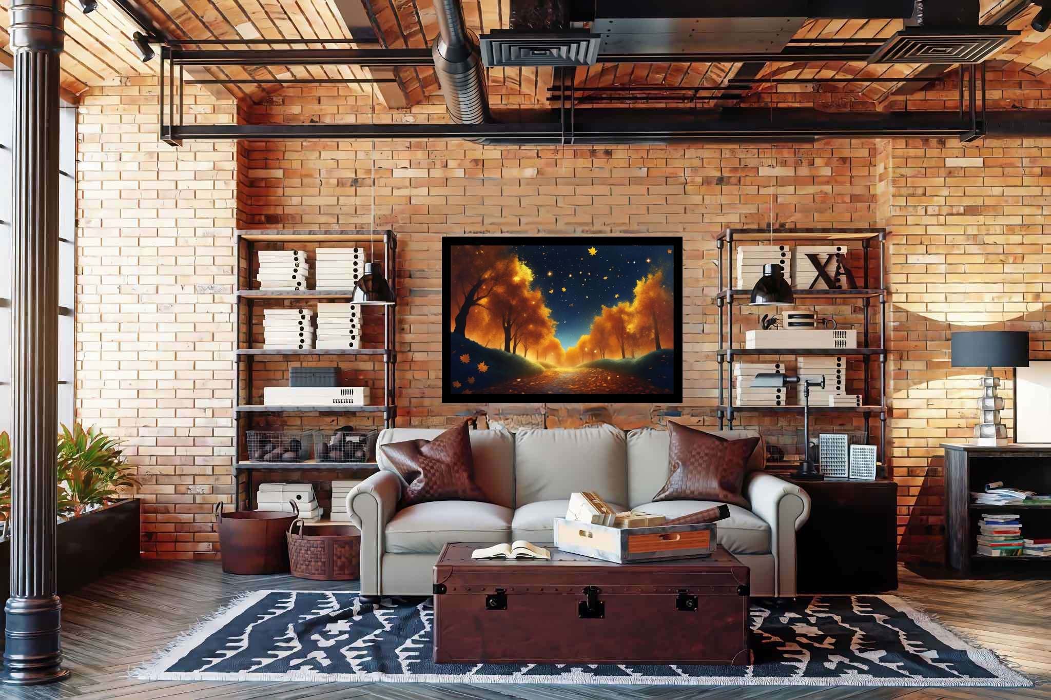 Autumnal serenity pathway: Forest art with forest landscape, in a room with modern style, wall hangings, and trendy home accents. The art can be printed on poster, framed poster, canvas, metal, acrylic or wood, exclusively at WallArtZen. Find this exact print at https://wallartzen.com/waz268