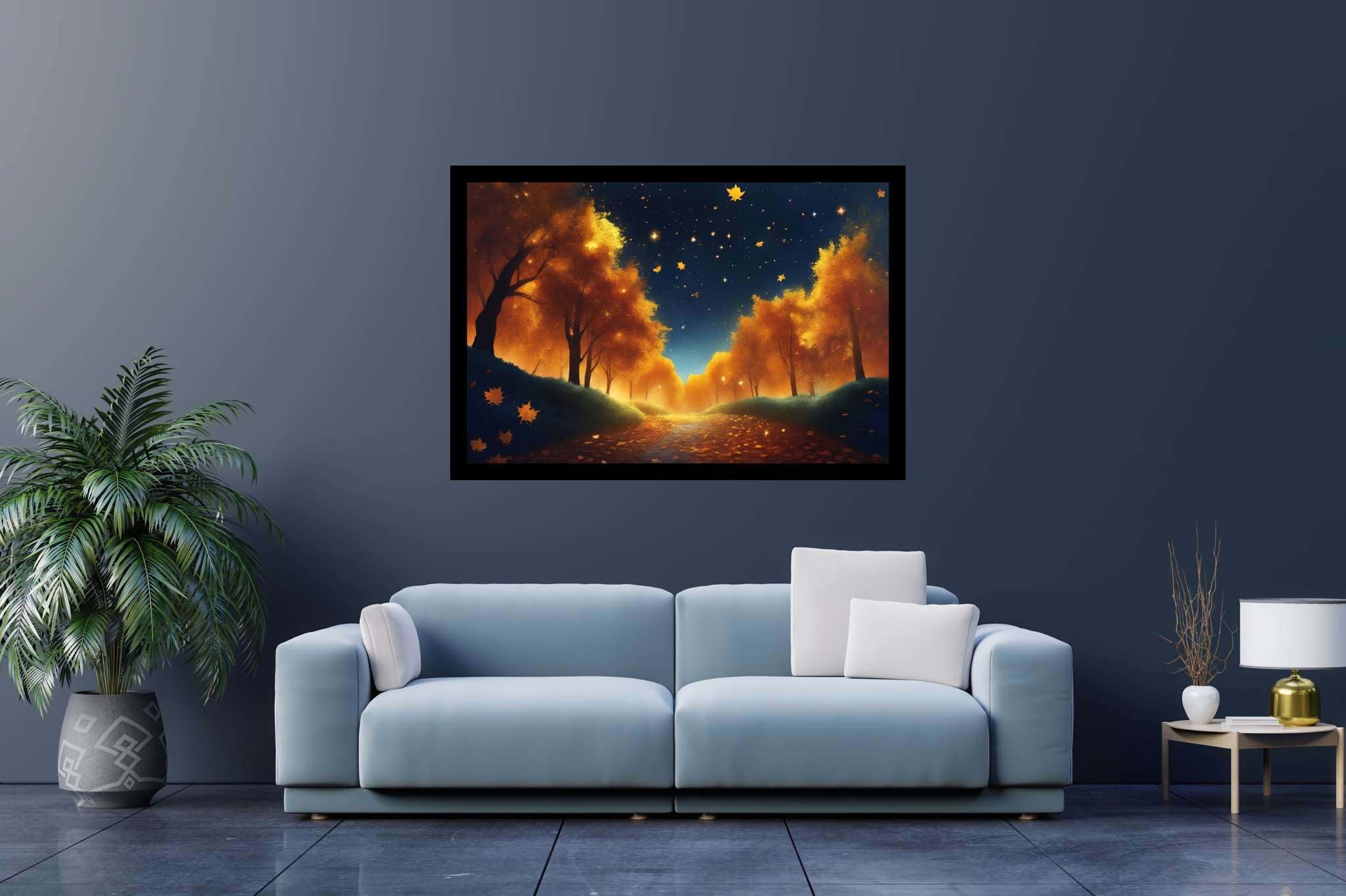 Autumnal serenity pathway: Forest art with forest landscape, in a room with elegant layout, digital art pieces, and elegant home goods. The art can be printed on poster, framed poster, canvas, metal, acrylic or wood, exclusively at WallArtZen. Find this exact print at https://wallartzen.com/waz268