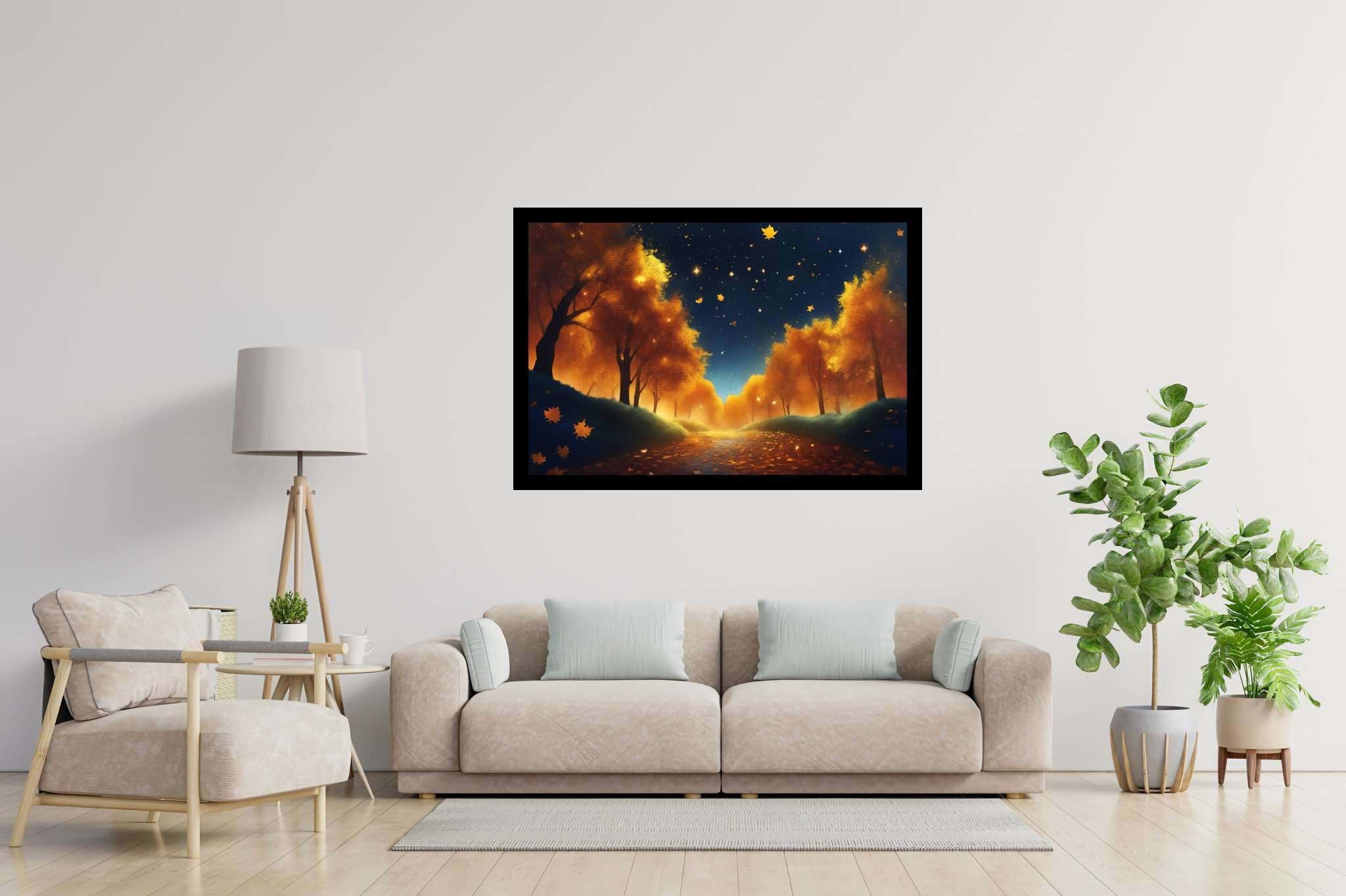 Autumnal serenity pathway: Forest art with landscape canvas, in a room with elegant layout, fine art prints, and trendy home accents. The art can be printed on poster, framed poster, canvas, metal, acrylic or wood, exclusively at WallArtZen. Find this exact print at https://wallartzen.com/waz268