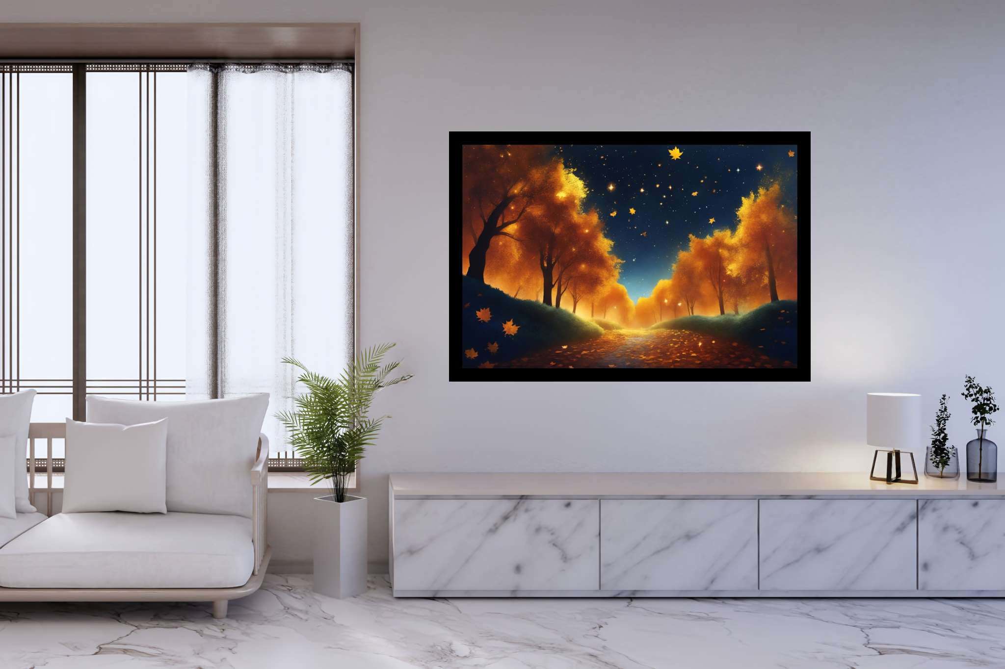 Autumnal serenity pathway: Forest art with organic creations, in a room with elegant layout, gallery-quality artwork, and home furnishings. The art can be printed on poster, framed poster, canvas, metal, acrylic or wood, exclusively at WallArtZen. Find this exact print at https://wallartzen.com/waz268