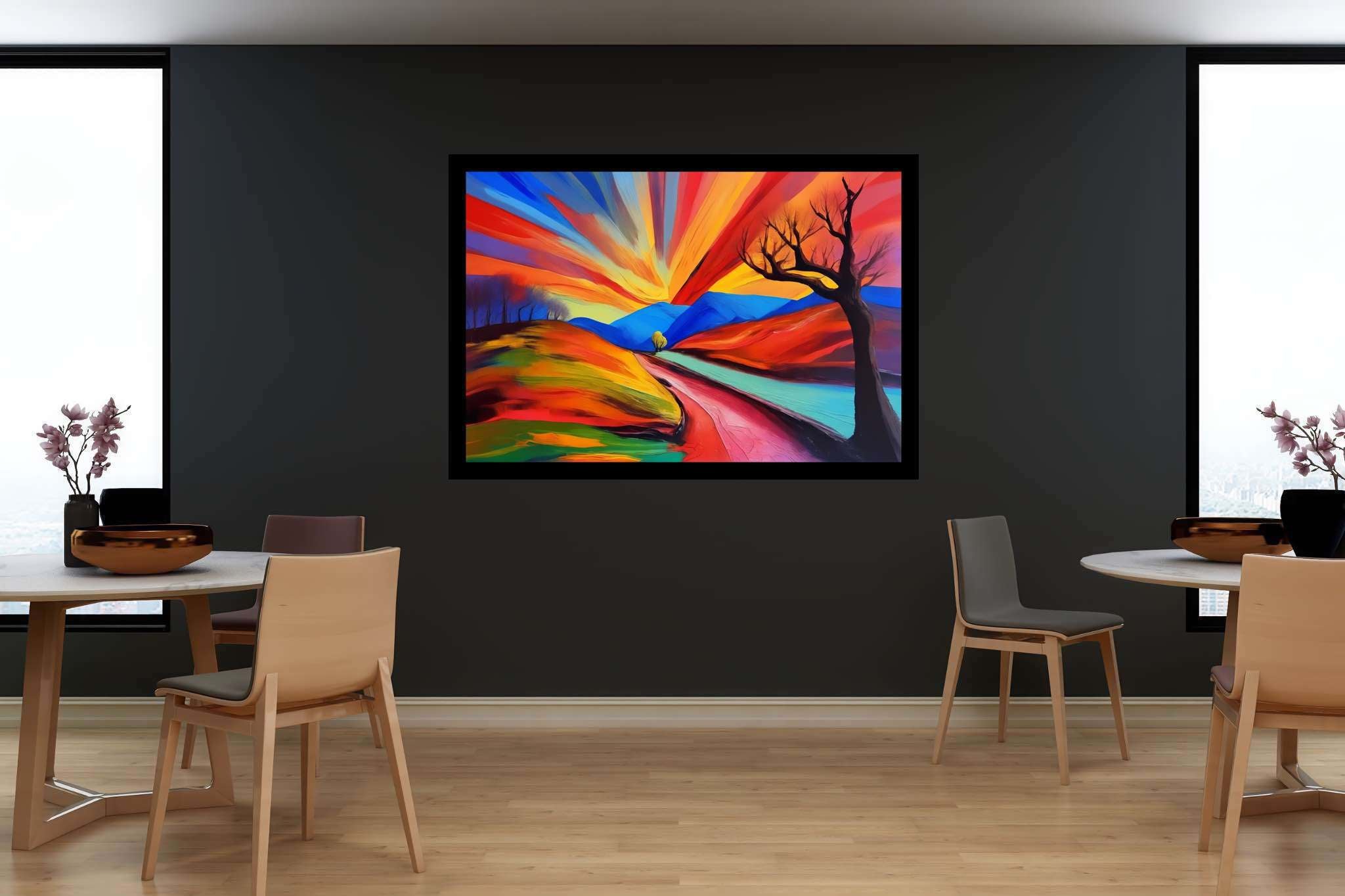 Twilight's embrace: Serene landscape art with soothing landscape art, in a room with artistic style, wall art, and home furnishings. The art can be printed on poster, framed poster, canvas, metal, acrylic or wood, exclusively at WallArtZen. Find this exact print at https://wallartzen.com/waz269