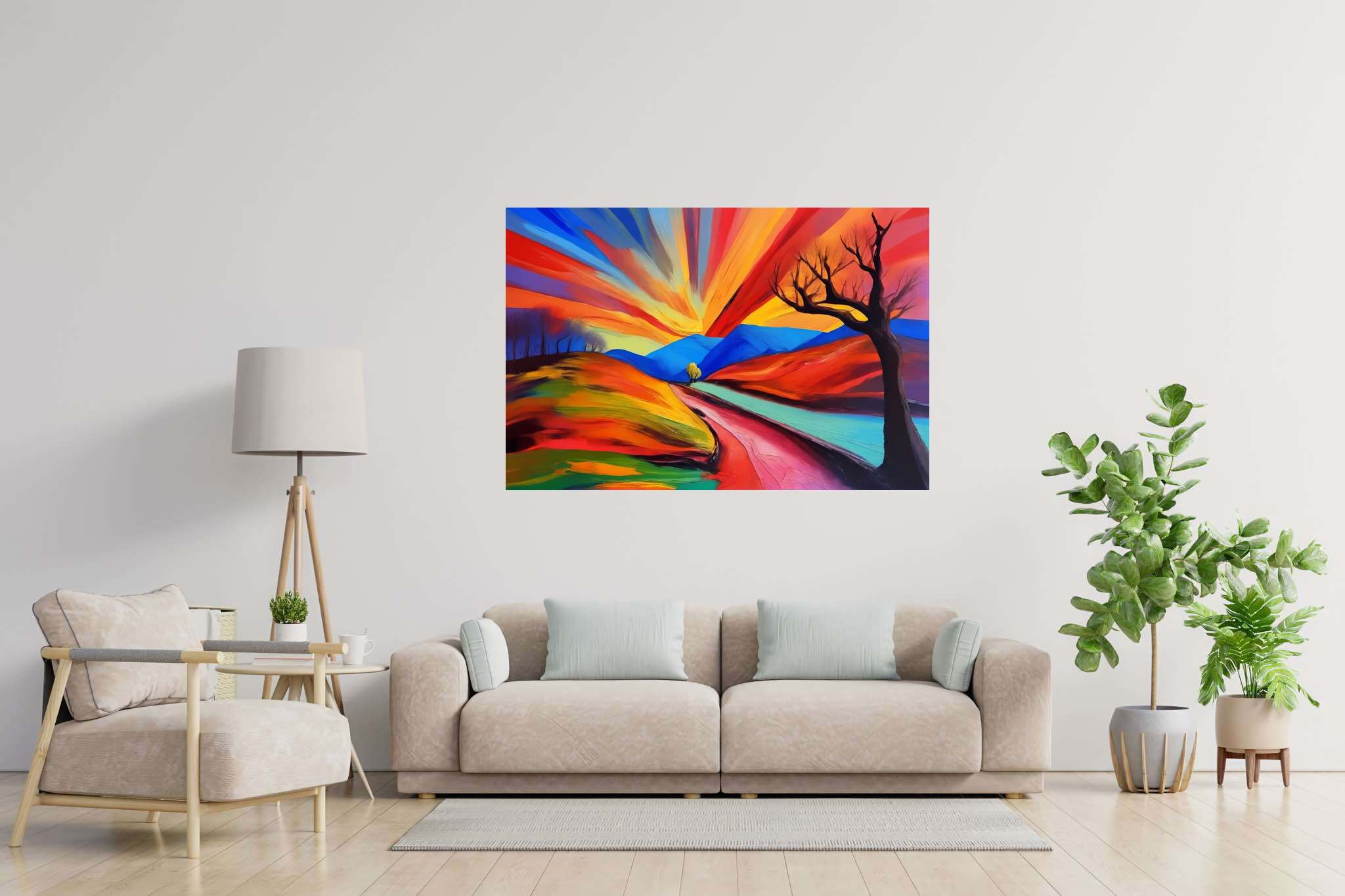 Twilight's embrace: Serene landscape art with serene landscape photography, in a room with modern style, wall art, and stylish accessories. The art can be printed on poster, framed poster, canvas, metal, acrylic or wood, exclusively at WallArtZen. Find this exact print at https://wallartzen.com/waz269