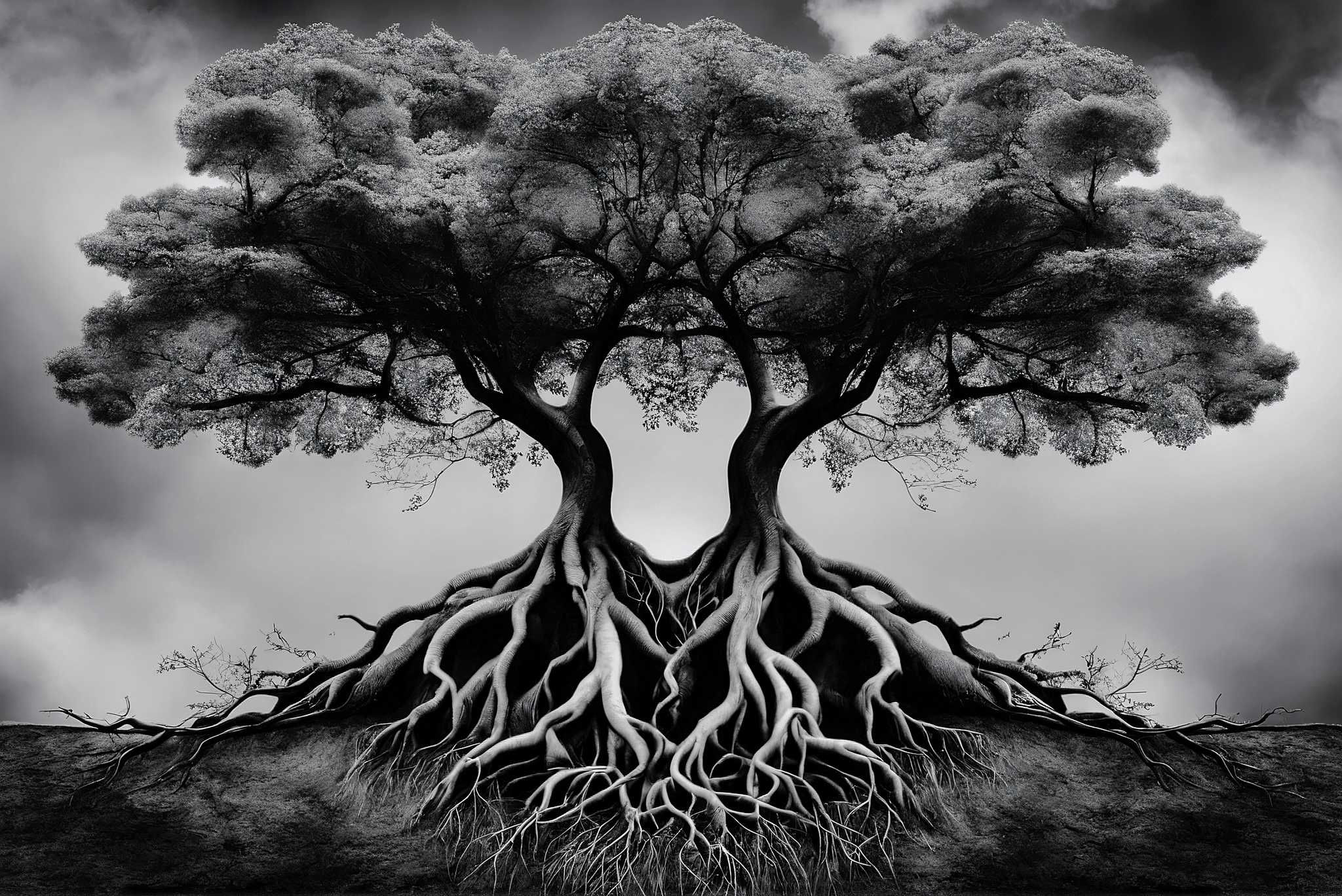 Dreamweave arboretum: Surreal tree art with mind-bending tree creations, in a room with great design, wall hangings, and designer furniture. The art can be printed on poster, framed poster, canvas, metal, acrylic or wood, exclusively at WallArtZen. Find this exact print at https://wallartzen.com/waz26