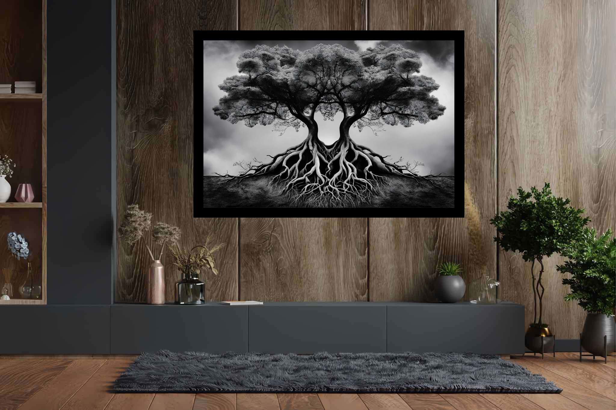Dreamweave arboretum: Surreal tree art with imaginative tree graphics, in a room with minimalist approach, photographic wall art, and home furnishings. The art can be printed on poster, framed poster, canvas, metal, acrylic or wood, exclusively at WallArtZen. Find this exact print at https://wallartzen.com/waz26
