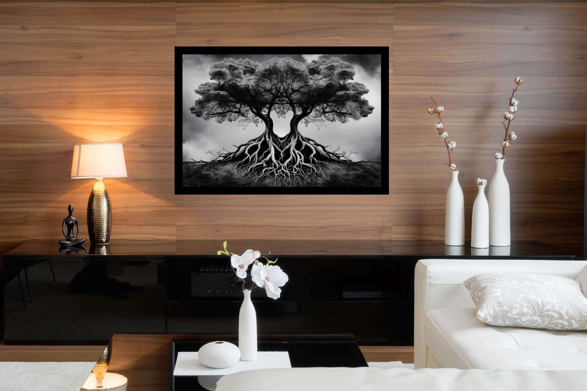 Dreamweave arboretum: Surreal tree art with surrealistic tree illustrations, in a room with modern style, photographic wall art, and stylish accessories. The art can be printed on poster, framed poster, canvas, metal, acrylic or wood, exclusively at WallArtZen. Find this exact print at https://wallartzen.com/waz26