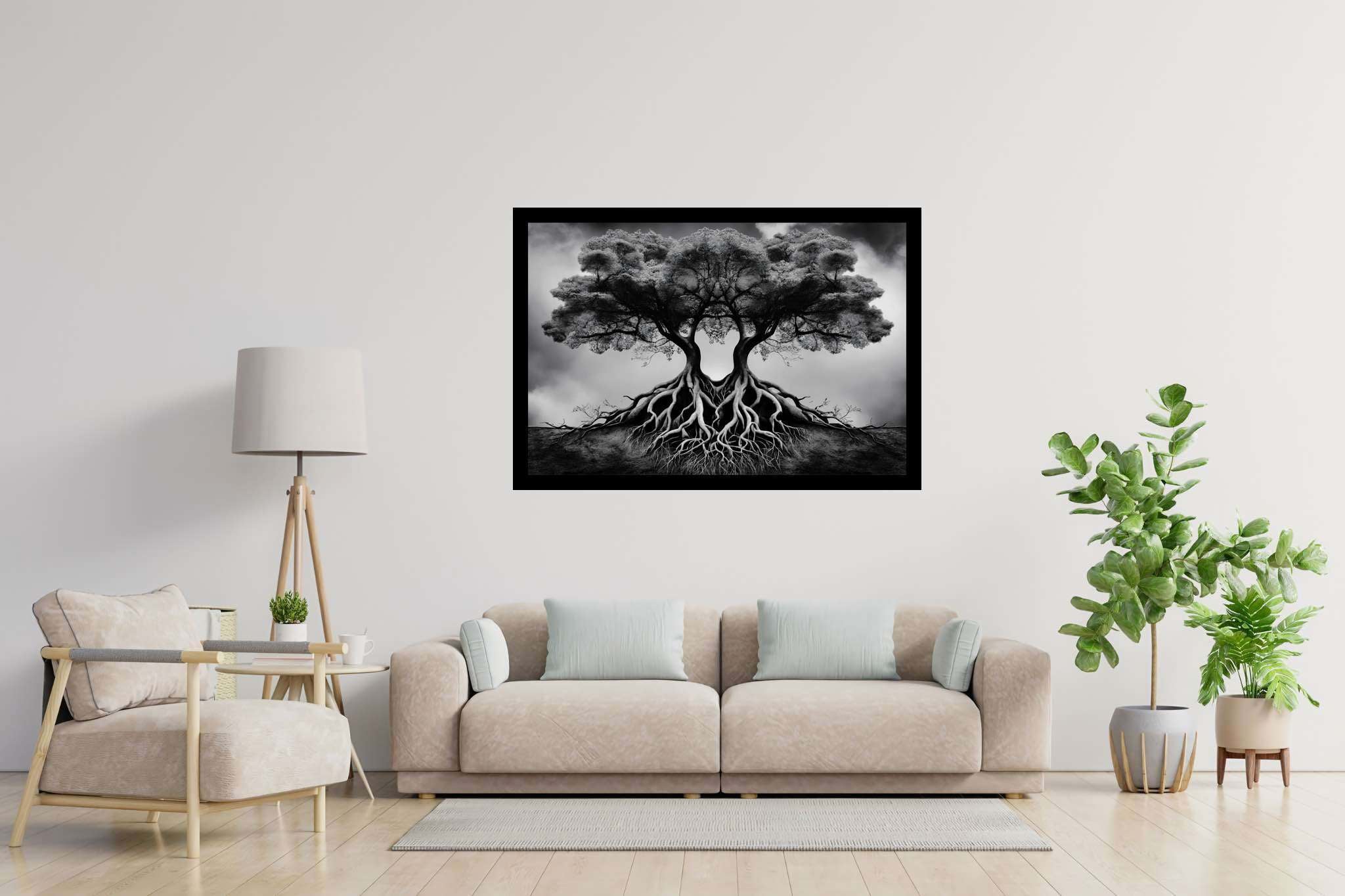 Dreamweave arboretum: Surreal tree art with otherworldly tree designs, in a room with artistic style, bespoke art designs, and interior decorations. The art can be printed on poster, framed poster, canvas, metal, acrylic or wood, exclusively at WallArtZen. Find this exact print at https://wallartzen.com/waz26
