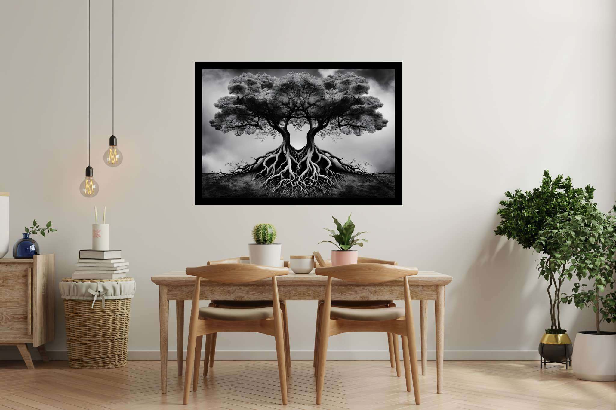 Dreamweave arboretum: Surreal tree art with surrealist woodland art, in a room with urban design, wall art, and stylish accessories. The art can be printed on poster, framed poster, canvas, metal, acrylic or wood, exclusively at WallArtZen. Find this exact print at https://wallartzen.com/waz26