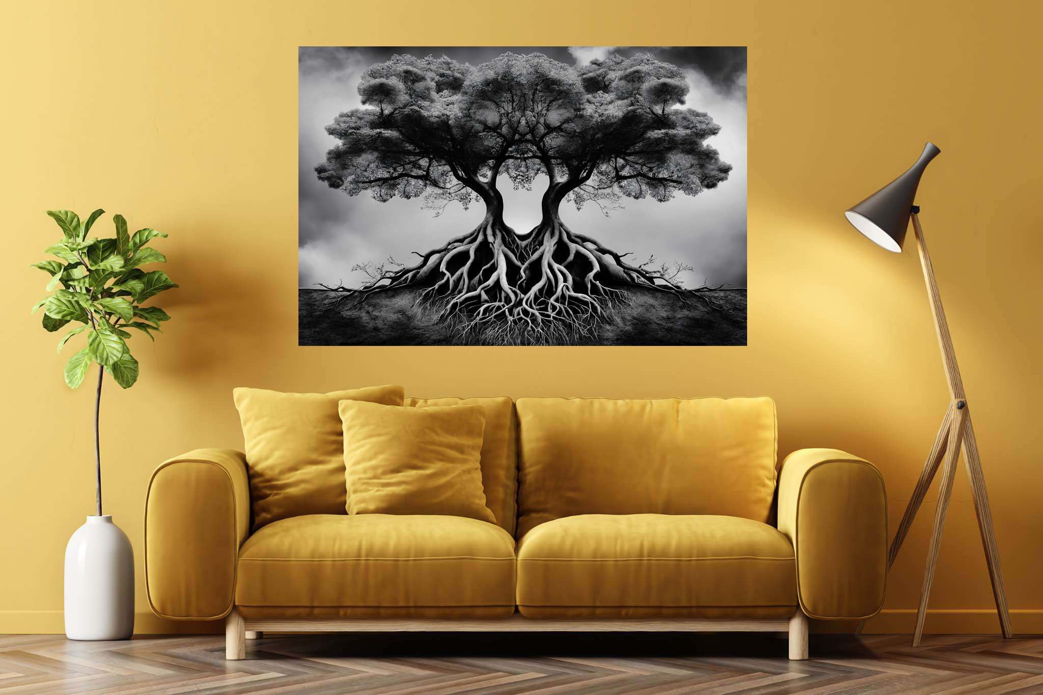 Dreamweave arboretum: Surreal tree art with extraordinary tree compositions, in a room with chic decor, wall art, and interior decorations. The art can be printed on poster, framed poster, canvas, metal, acrylic or wood, exclusively at WallArtZen. Find this exact print at https://wallartzen.com/waz26