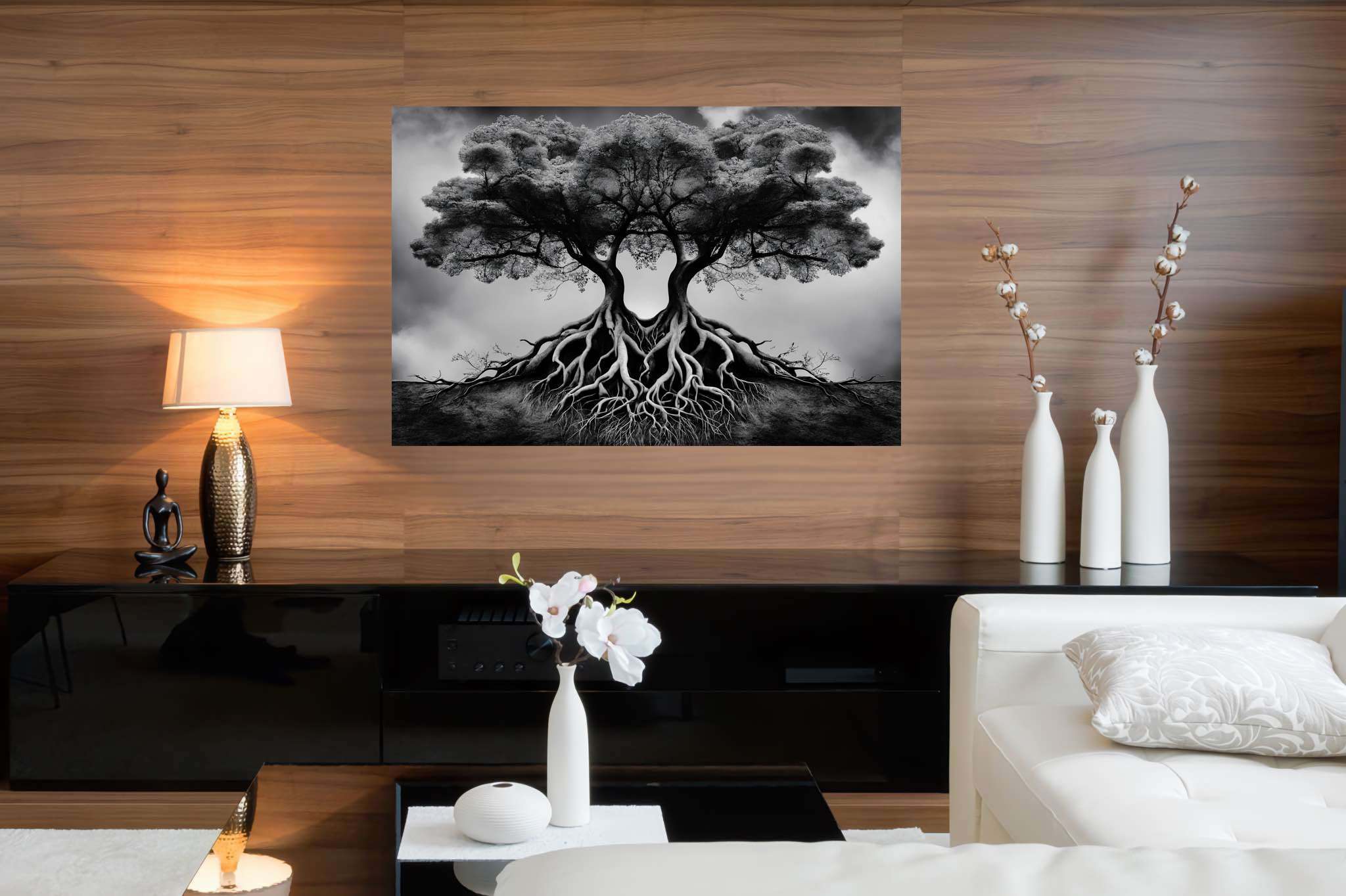 Dreamweave arboretum: Surreal tree art with magical tree imagery, in a room with innovative layout, framed art, and luxe decor. The art can be printed on poster, framed poster, canvas, metal, acrylic or wood, exclusively at WallArtZen. Find this exact print at https://wallartzen.com/waz26