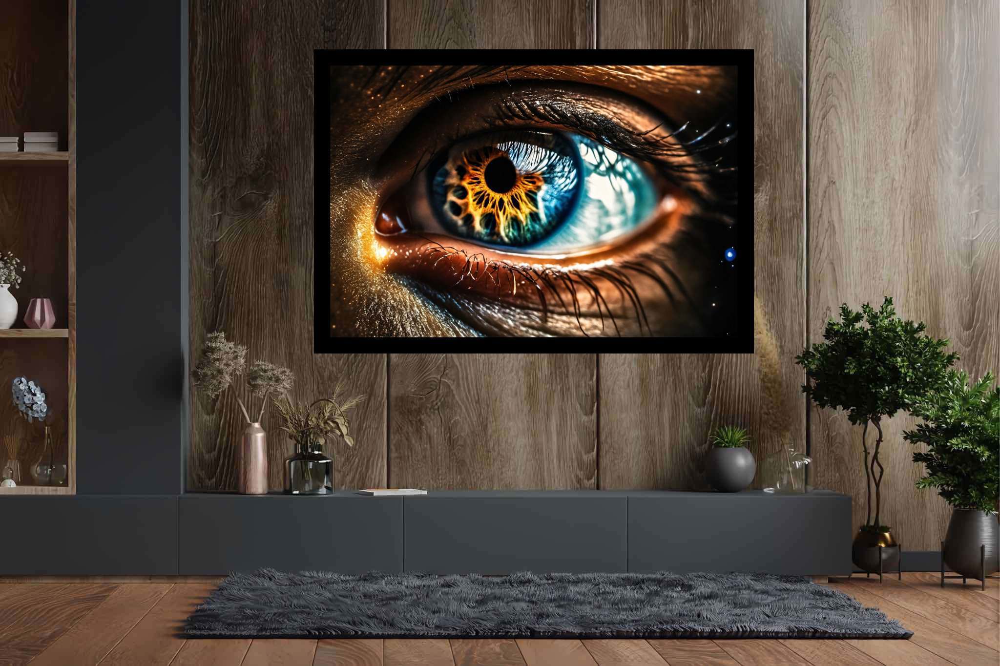 Sight's electric symphony: Dramatic eye art with powerful artistic depiction, in a room with contemporary flair, photographic wall art, and elegant home goods. The art can be printed on poster, framed poster, canvas, metal, acrylic or wood, exclusively at WallArtZen. Find this exact print at https://wallartzen.com/waz270