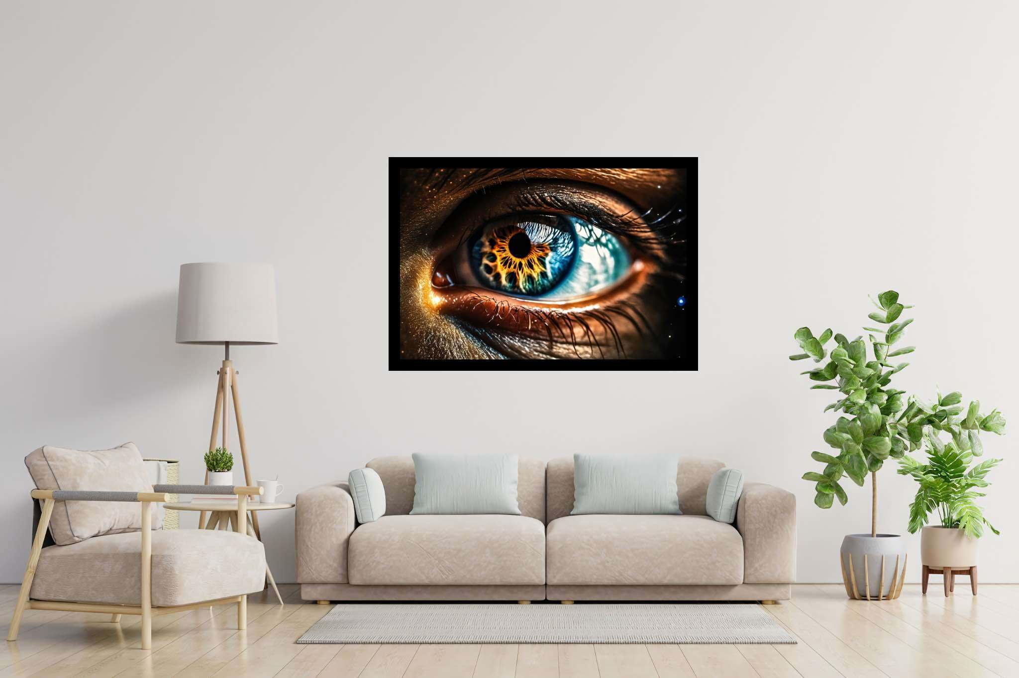 Sight's electric symphony: Dramatic eye art with dramatic eye makeup, in a room with great design, wall hangings, and stylish accessories. The art can be printed on poster, framed poster, canvas, metal, acrylic or wood, exclusively at WallArtZen. Find this exact print at https://wallartzen.com/waz270