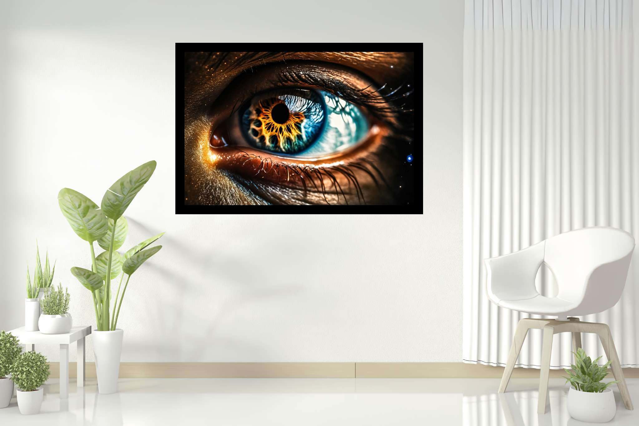 Sight's electric symphony: Dramatic eye art with expressive eyes, in a room with classic elegance, mural artworks, and elegant home goods. The art can be printed on poster, framed poster, canvas, metal, acrylic or wood, exclusively at WallArtZen. Find this exact print at https://wallartzen.com/waz270