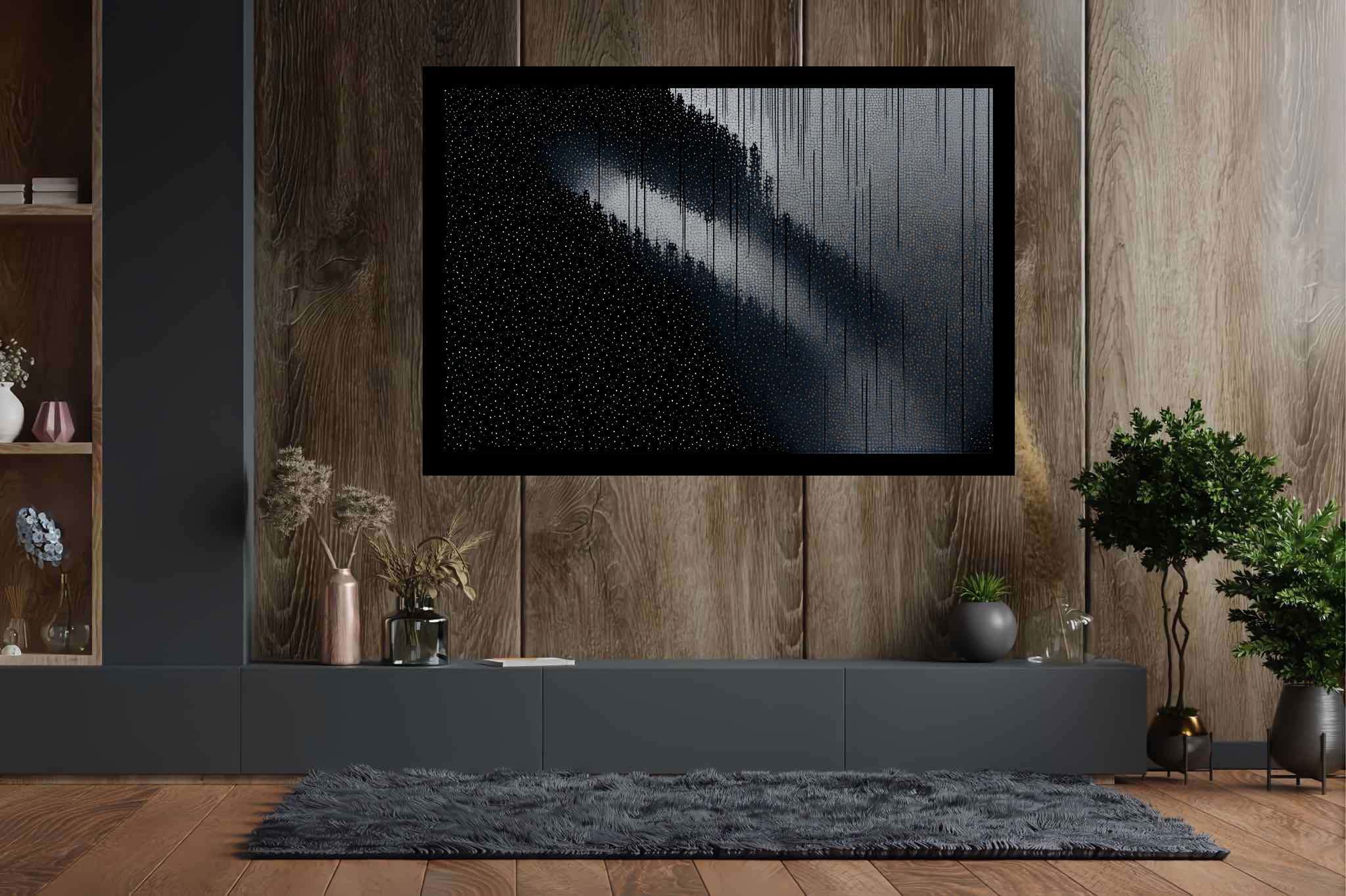 Shadowlight sonata: Moody forest art with mysterious landscapes, in a room with innovative layout, abstract paintings, and elegant home goods. The art can be printed on poster, framed poster, canvas, metal, acrylic or wood, exclusively at WallArtZen. Find this exact print at https://wallartzen.com/waz271