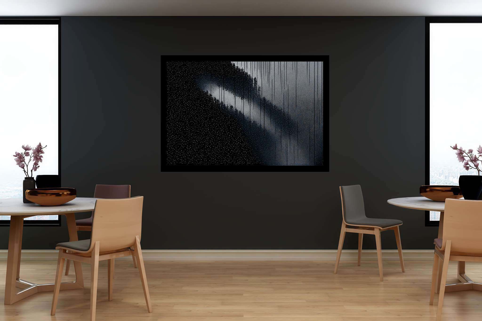 Shadowlight sonata: Moody forest art with ethereal artwork, in a room with contemporary flair, photographic wall art, and home styling items. The art can be printed on poster, framed poster, canvas, metal, acrylic or wood, exclusively at WallArtZen. Find this exact print at https://wallartzen.com/waz271