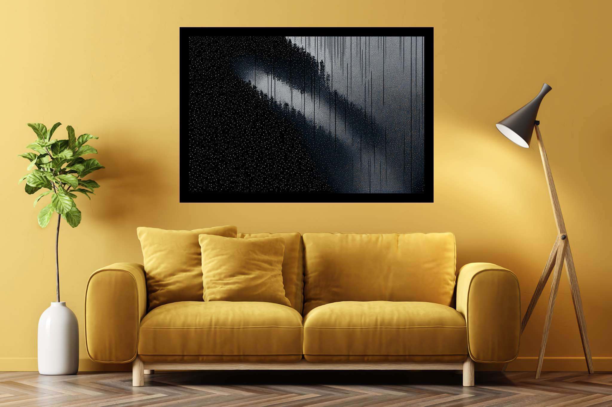 Shadowlight sonata: Moody forest art with surreal forests, in a room with artistic style, gallery-quality artwork, and stylish accessories. The art can be printed on poster, framed poster, canvas, metal, acrylic or wood, exclusively at WallArtZen. Find this exact print at https://wallartzen.com/waz271