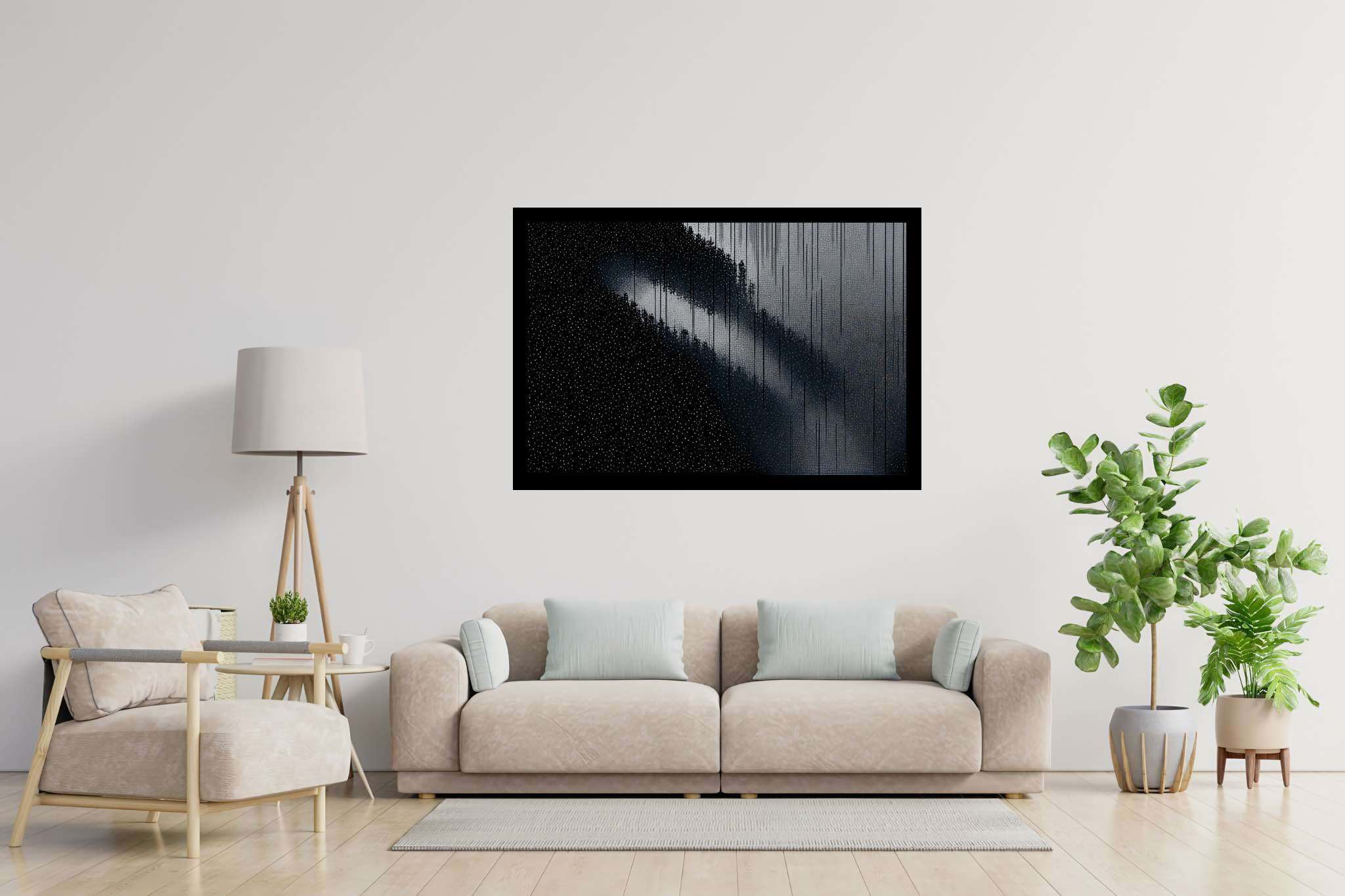 Shadowlight sonata: Moody forest art with mysterious landscapes, in a room with great design, mural artworks, and interior decorations. The art can be printed on poster, framed poster, canvas, metal, acrylic or wood, exclusively at WallArtZen. Find this exact print at https://wallartzen.com/waz271