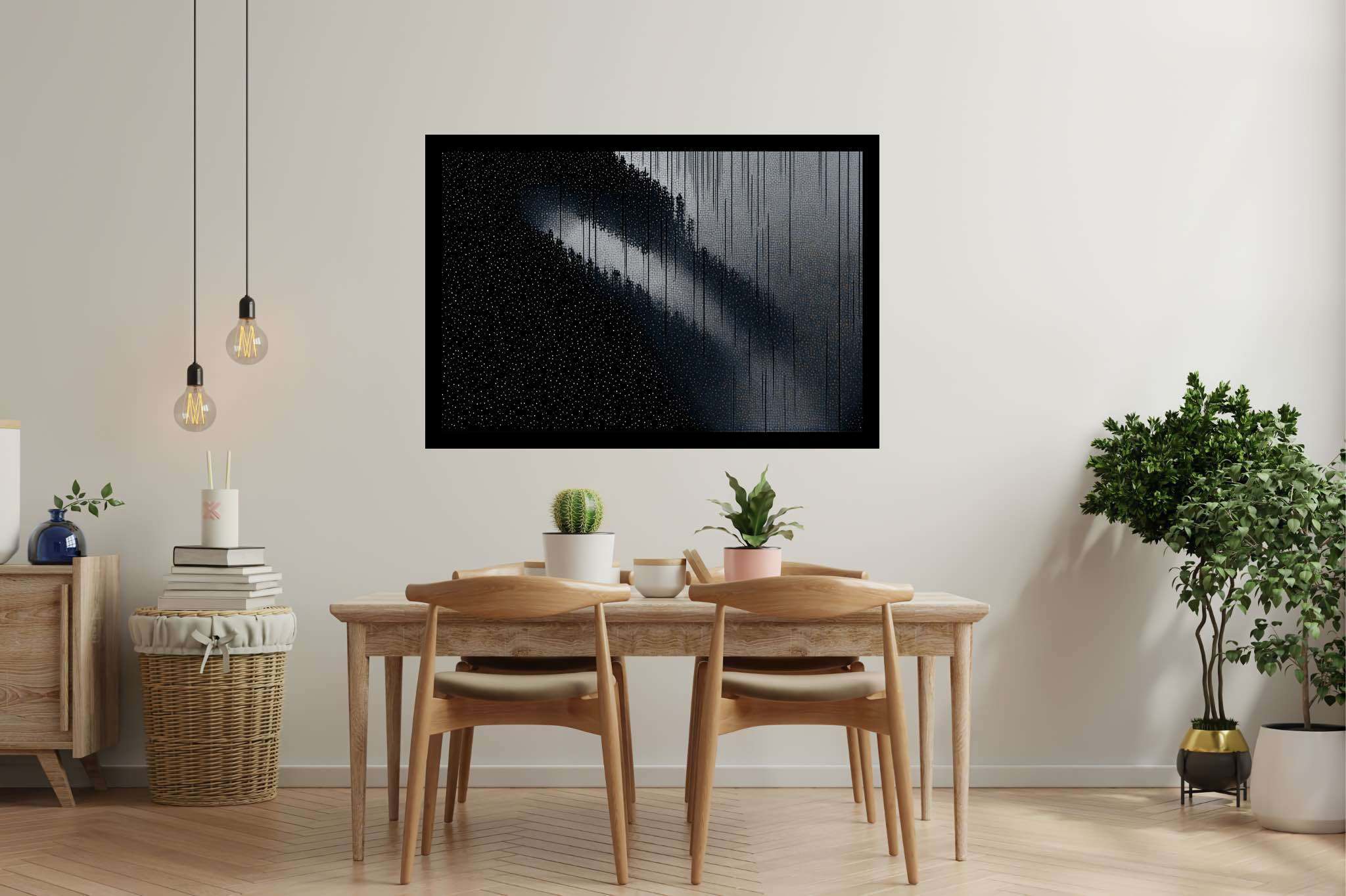 Shadowlight sonata: Moody forest art with haunting beauty, in a room with urban design, wall art, and home styling items. The art can be printed on poster, framed poster, canvas, metal, acrylic or wood, exclusively at WallArtZen. Find this exact print at https://wallartzen.com/waz271