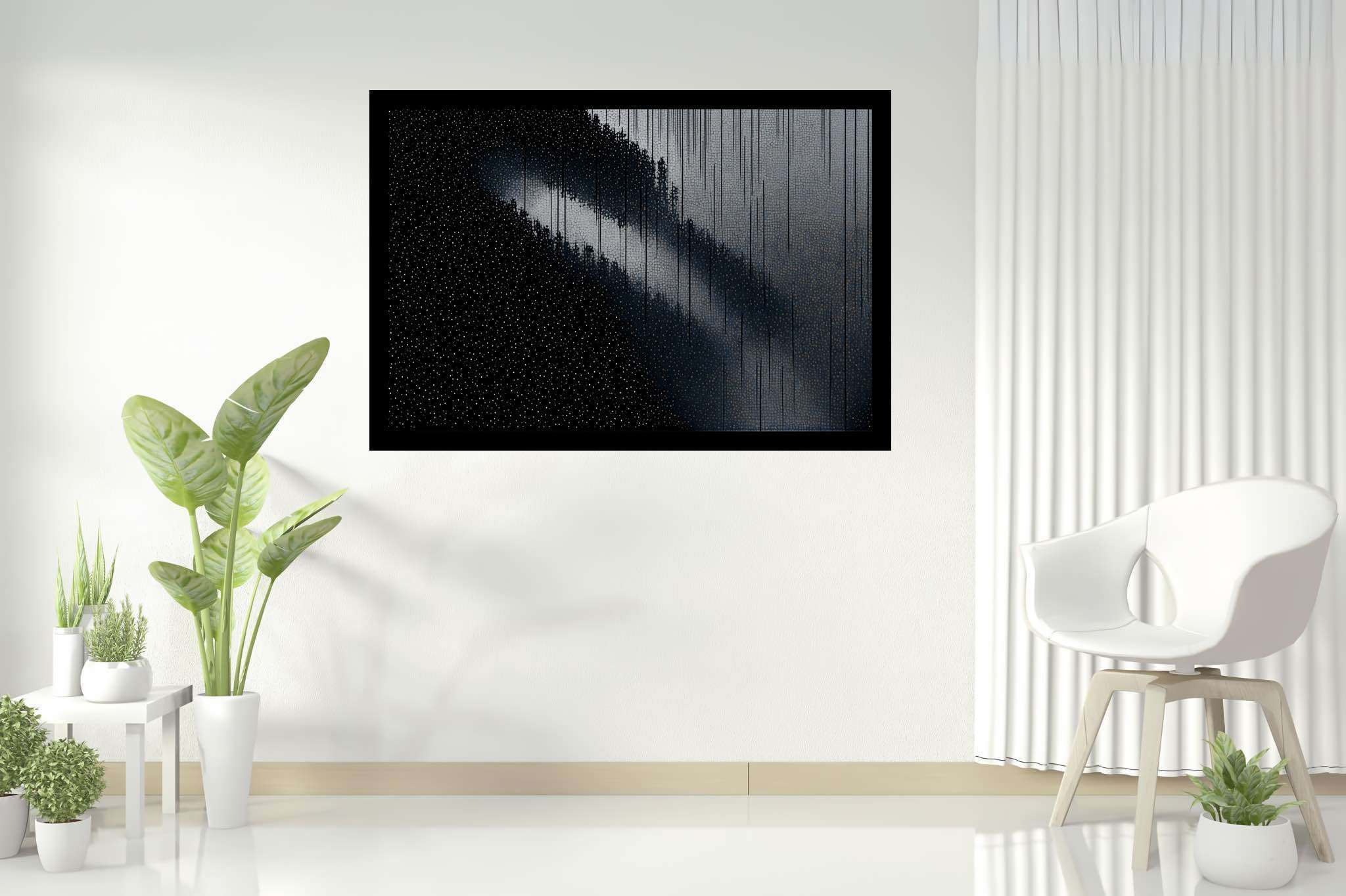 Shadowlight sonata: Moody forest art with dark and mystical, in a room with minimalist approach, canvas prints, and trendy home accents. The art can be printed on poster, framed poster, canvas, metal, acrylic or wood, exclusively at WallArtZen. Find this exact print at https://wallartzen.com/waz271