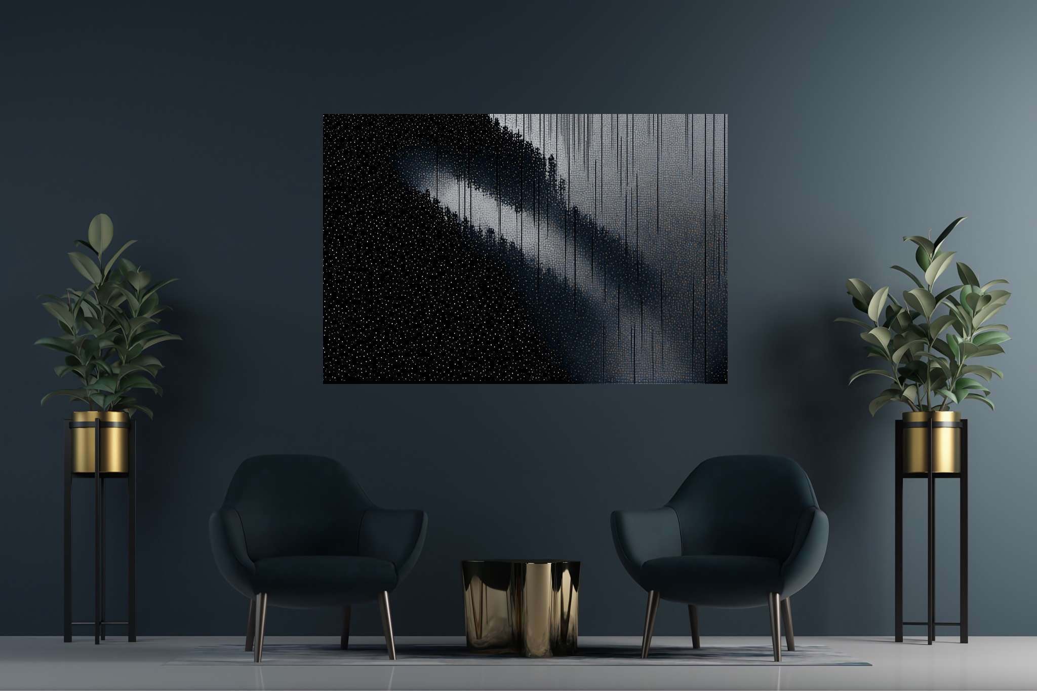 Shadowlight sonata: Moody forest art with enchanting landscapes, in a room with elegant layout, canvas prints, and designer furniture. The art can be printed on poster, framed poster, canvas, metal, acrylic or wood, exclusively at WallArtZen. Find this exact print at https://wallartzen.com/waz271