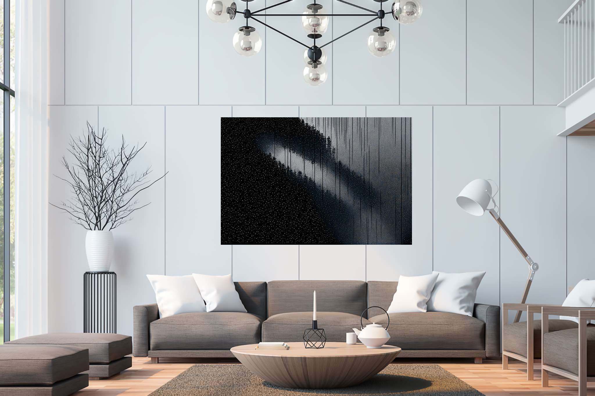 Shadowlight sonata: Moody forest art with atmospheric paintings, in a room with innovative layout, canvas prints, and trendy home accents. The art can be printed on poster, framed poster, canvas, metal, acrylic or wood, exclusively at WallArtZen. Find this exact print at https://wallartzen.com/waz271