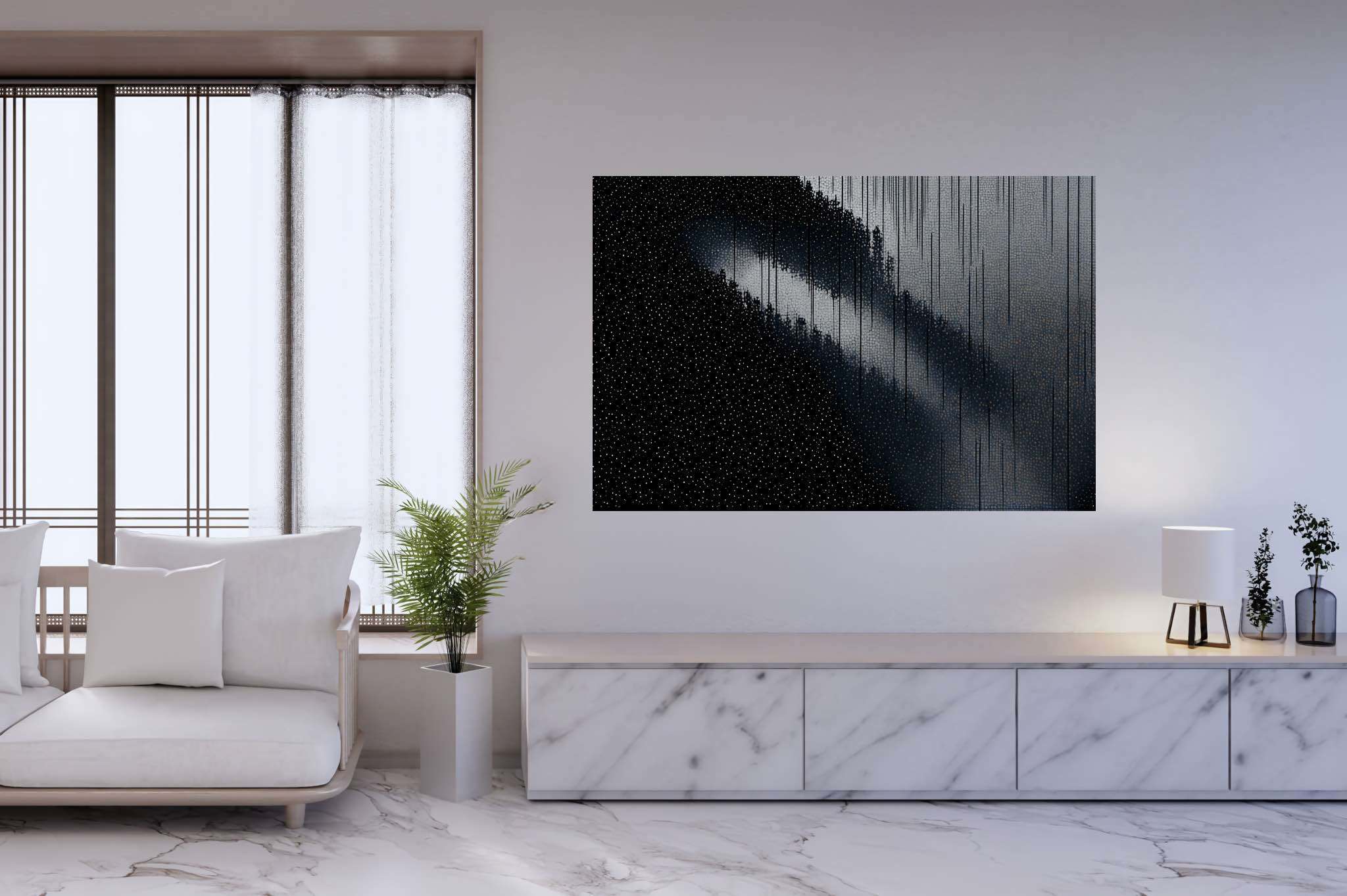 Shadowlight sonata: Moody forest art with enchanting landscapes, in a room with modern style, mural artworks, and stylish accessories. The art can be printed on poster, framed poster, canvas, metal, acrylic or wood, exclusively at WallArtZen. Find this exact print at https://wallartzen.com/waz271