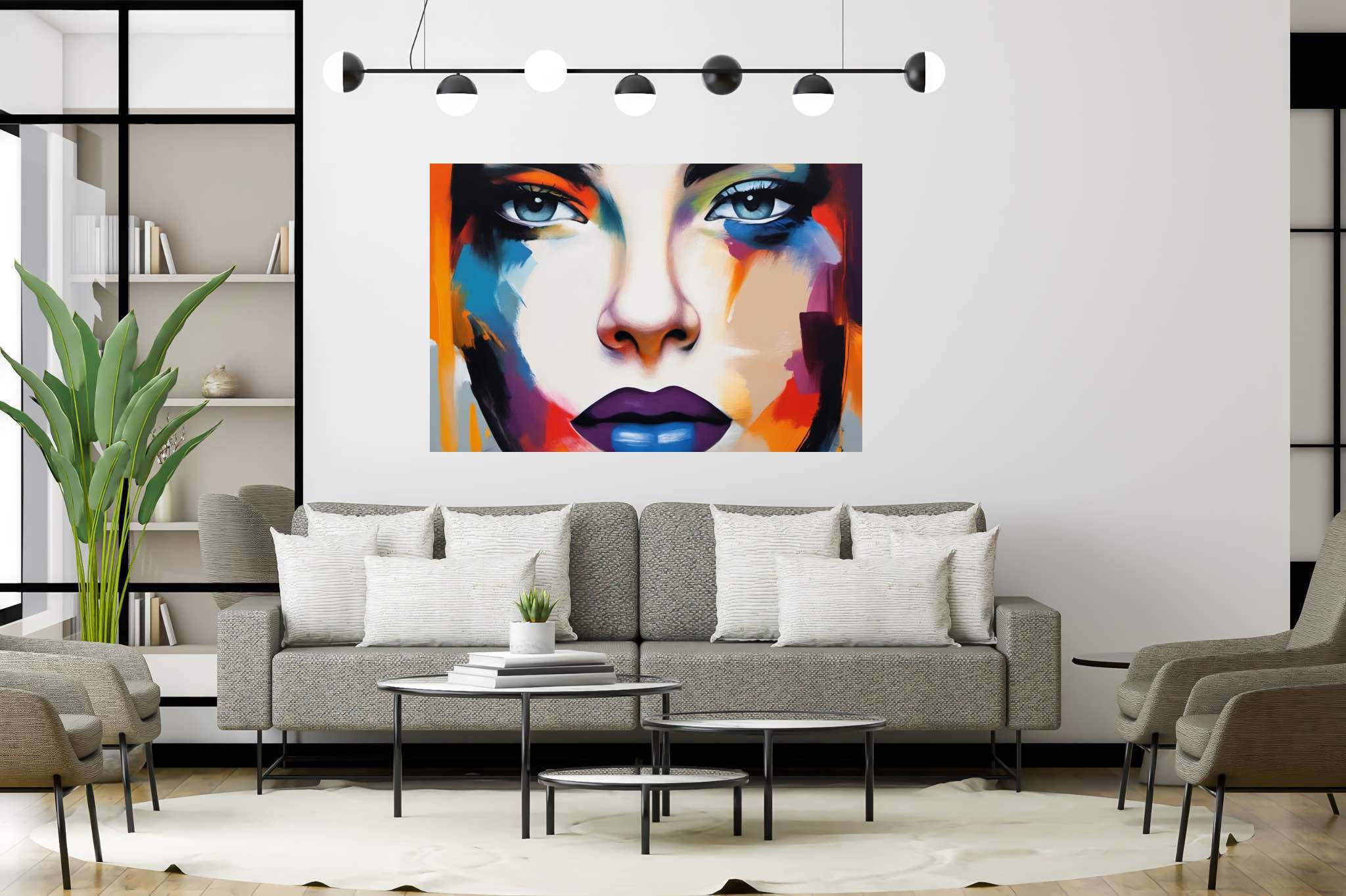 Luminous gaze of psyche: Surreal art with dreamlike paintings, in a room with modern style, gallery-quality artwork, and designer furniture. The art can be printed on poster, framed poster, canvas, metal, acrylic or wood, exclusively at WallArtZen. Find this exact print at https://wallartzen.com/waz272