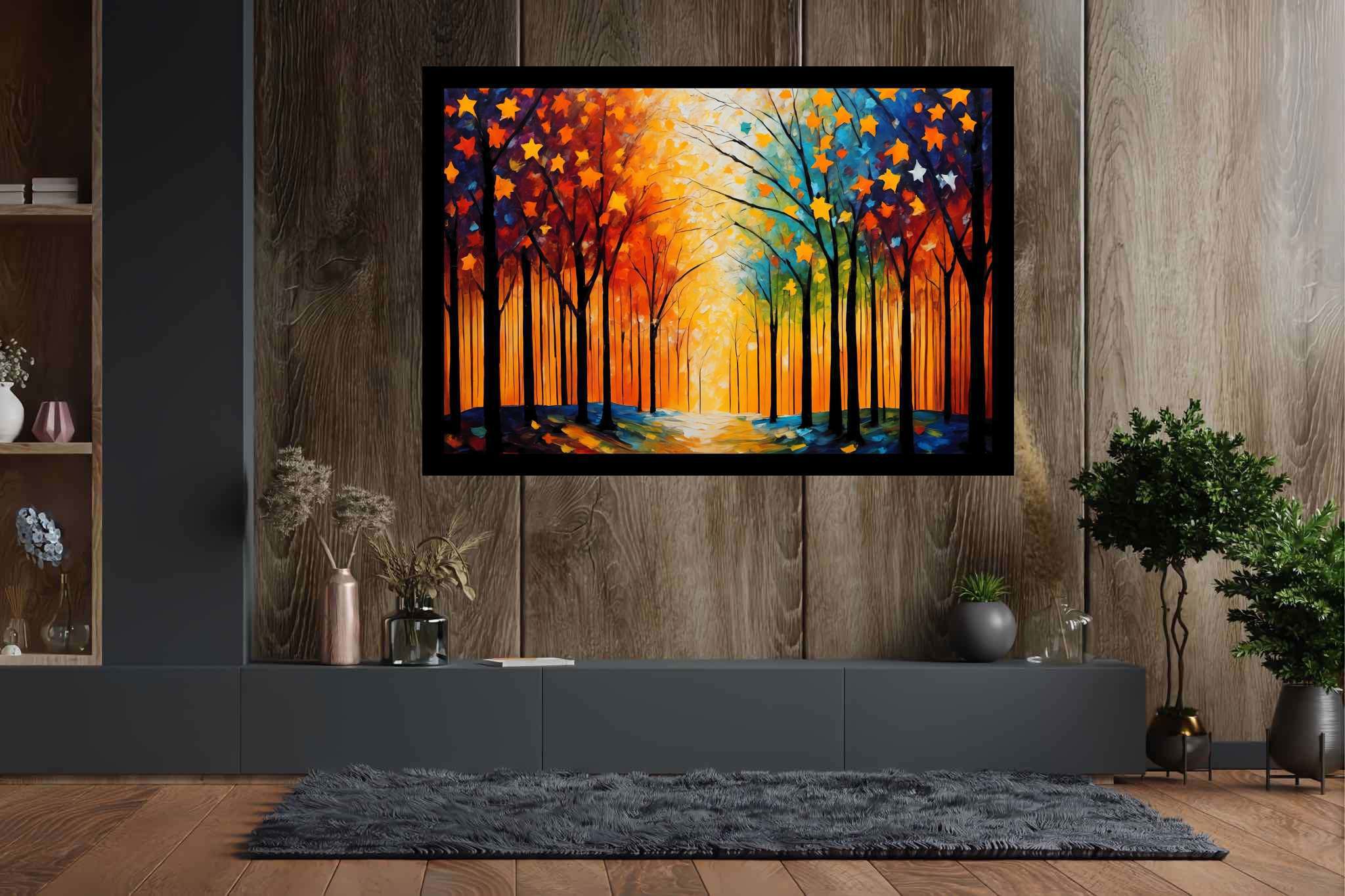 Stardust canopy ballet: Enchanting forest art with ethereal forests, in a room with classic elegance, gallery-quality artwork, and luxe decor. The art can be printed on poster, framed poster, canvas, metal, acrylic or wood, exclusively at WallArtZen. Find this exact print at https://wallartzen.com/waz273