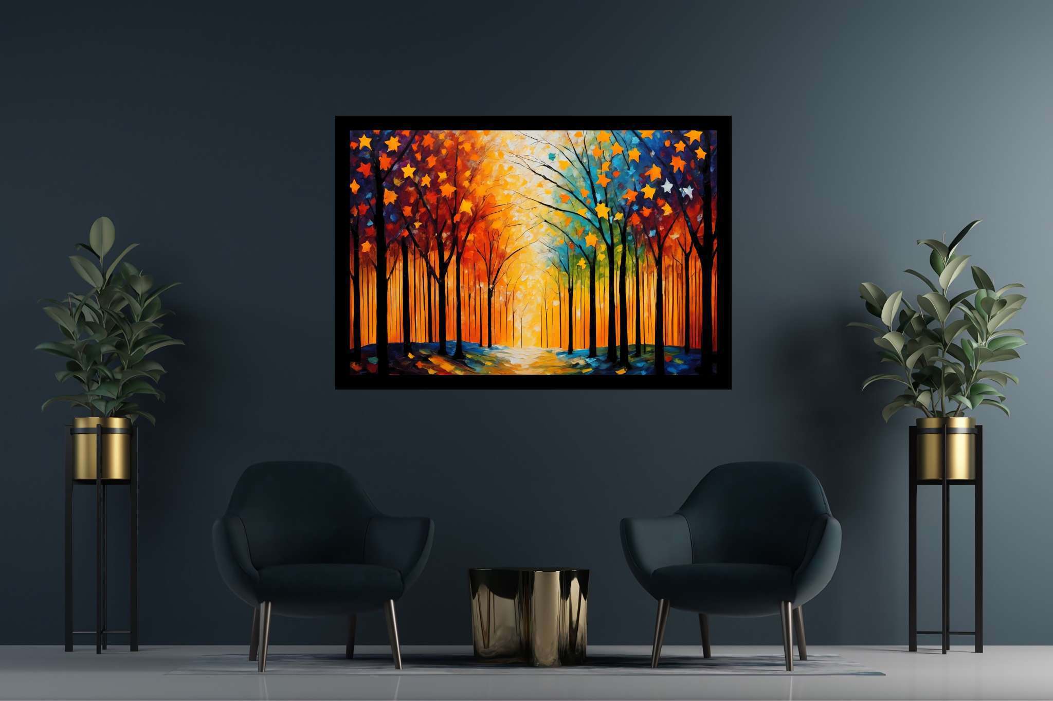 Stardust canopy ballet: Enchanting forest art with enchanted realm, in a room with elegant layout, digital art pieces, and stylish accessories. The art can be printed on poster, framed poster, canvas, metal, acrylic or wood, exclusively at WallArtZen. Find this exact print at https://wallartzen.com/waz273