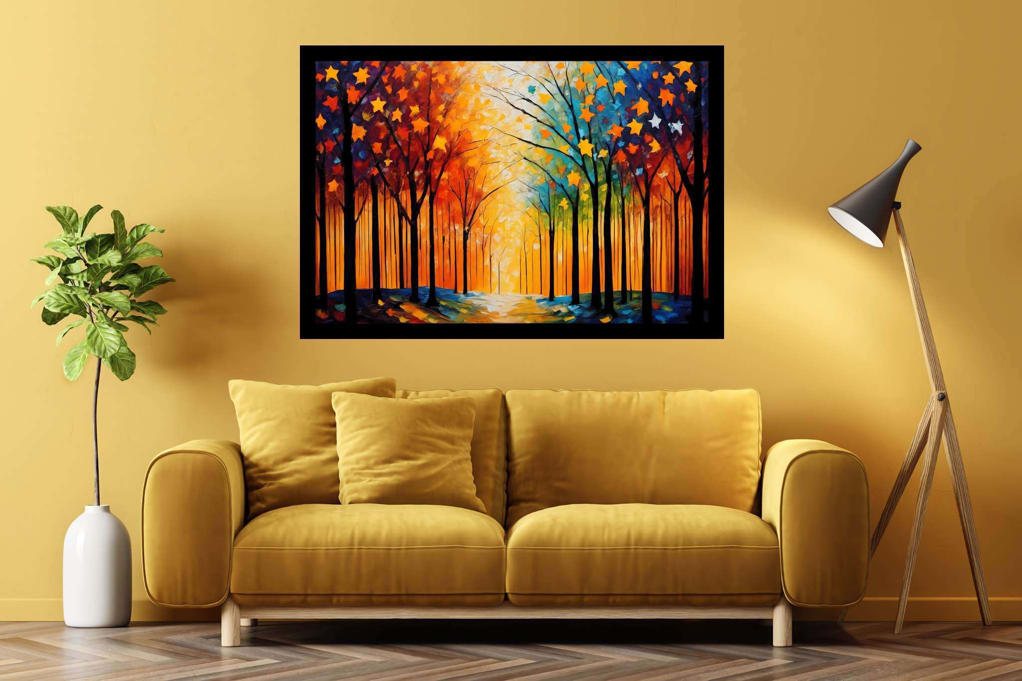 Stardust canopy ballet: Enchanting forest art with enchanted trees, in a room with innovative layout, gallery-quality artwork, and home furnishings. The art can be printed on poster, framed poster, canvas, metal, acrylic or wood, exclusively at WallArtZen. Find this exact print at https://wallartzen.com/waz273