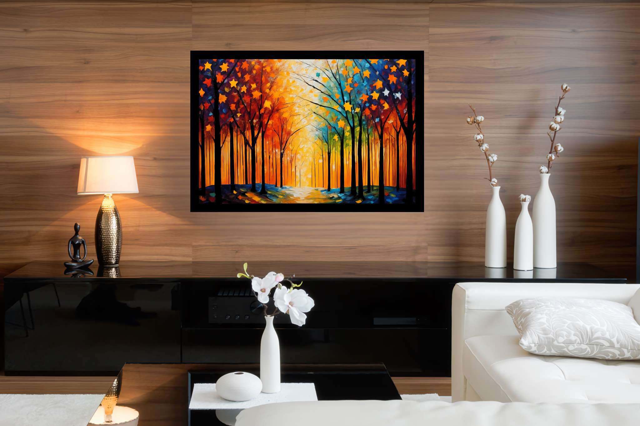 Stardust canopy ballet: Enchanting forest art with dreamy forests, in a room with modern style, wall hangings, and stylish accessories. The art can be printed on poster, framed poster, canvas, metal, acrylic or wood, exclusively at WallArtZen. Find this exact print at https://wallartzen.com/waz273