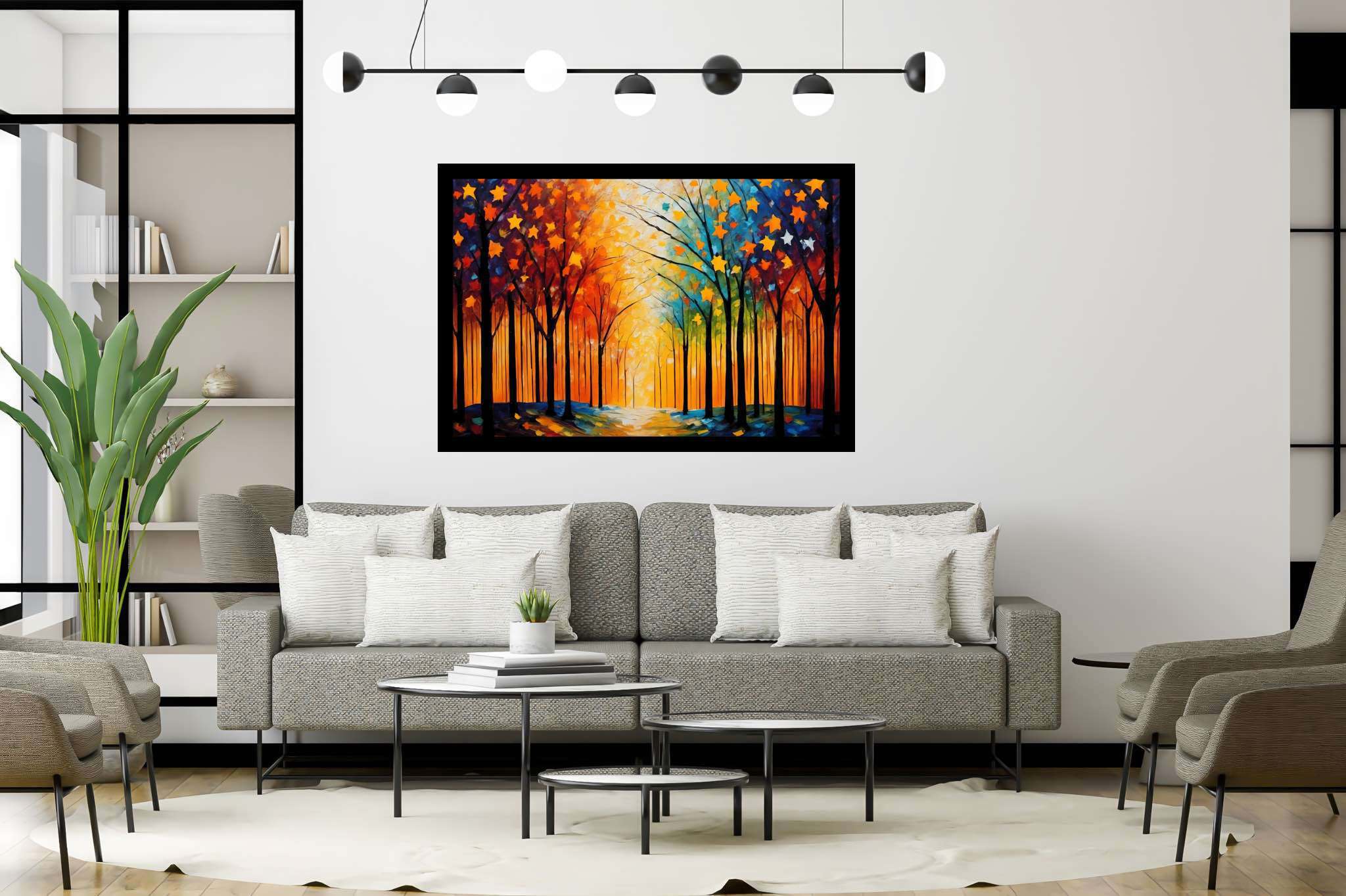 Stardust canopy ballet: Enchanting forest art with magical woods, in a room with innovative layout, canvas prints, and artisan decor. The art can be printed on poster, framed poster, canvas, metal, acrylic or wood, exclusively at WallArtZen. Find this exact print at https://wallartzen.com/waz273