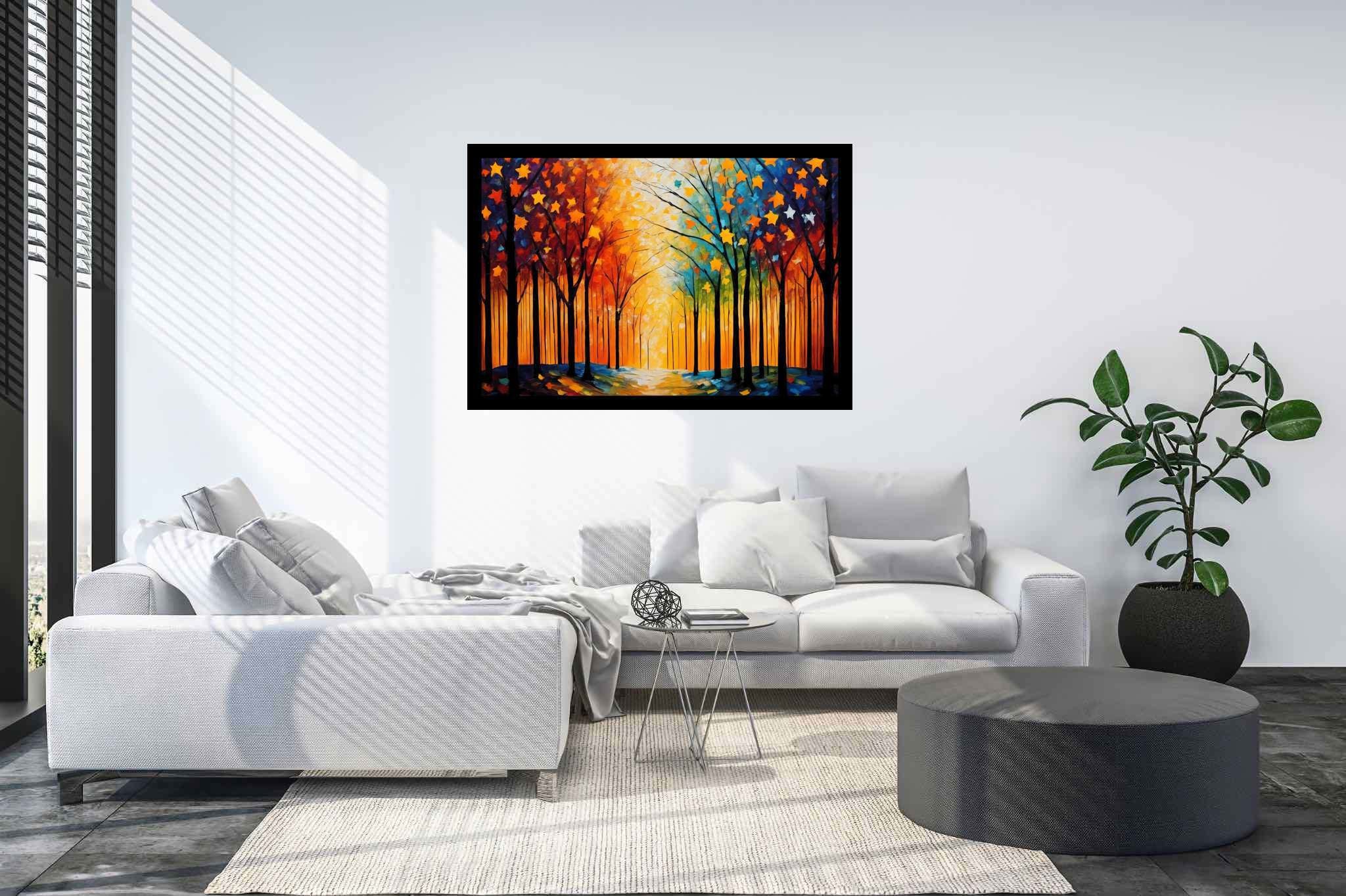 Stardust canopy ballet: Enchanting forest art with enchanted realm, in a room with artistic style, canvas prints, and elegant home goods. The art can be printed on poster, framed poster, canvas, metal, acrylic or wood, exclusively at WallArtZen. Find this exact print at https://wallartzen.com/waz273