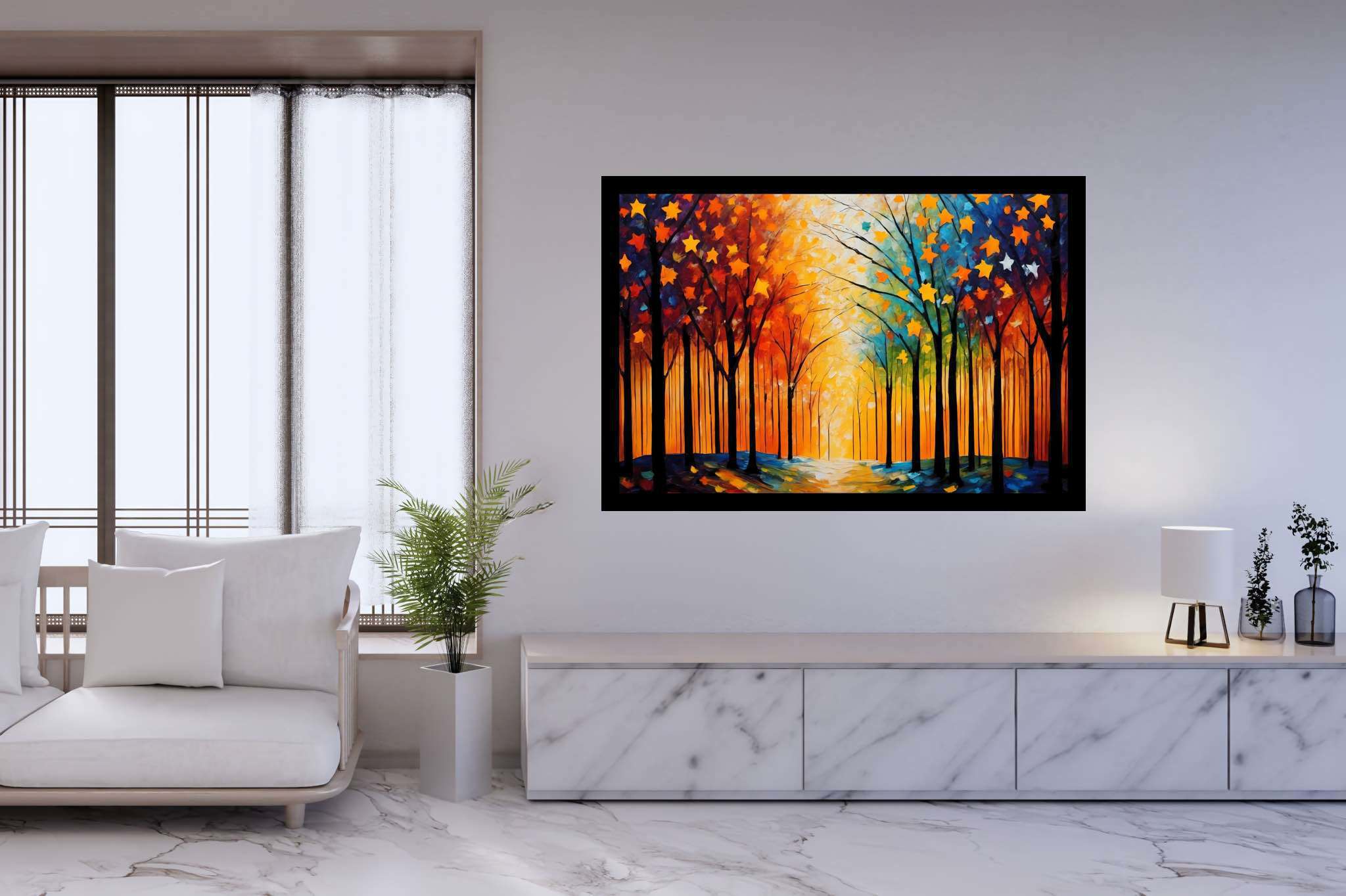 Stardust canopy ballet: Enchanting forest art with ethereal nature, in a room with modern style, gallery-quality artwork, and trendy home accents. The art can be printed on poster, framed poster, canvas, metal, acrylic or wood, exclusively at WallArtZen. Find this exact print at https://wallartzen.com/waz273