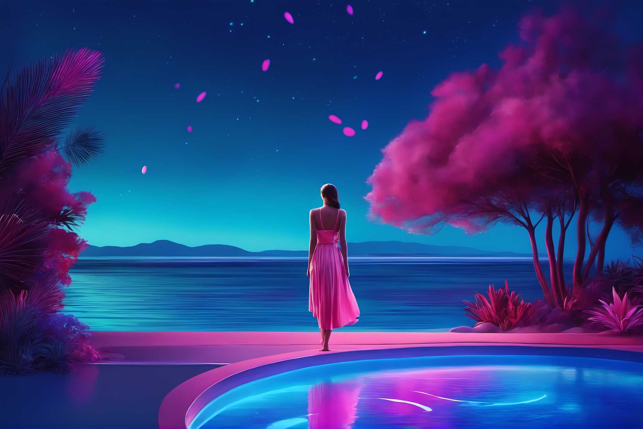 Stargazer's serene reflections: Surreal art with subconscious artwork, in a room with great design, fine art prints, and home styling items. The art can be printed on poster, framed poster, canvas, metal, acrylic or wood, exclusively at WallArtZen. Find this exact print at https://wallartzen.com/waz274