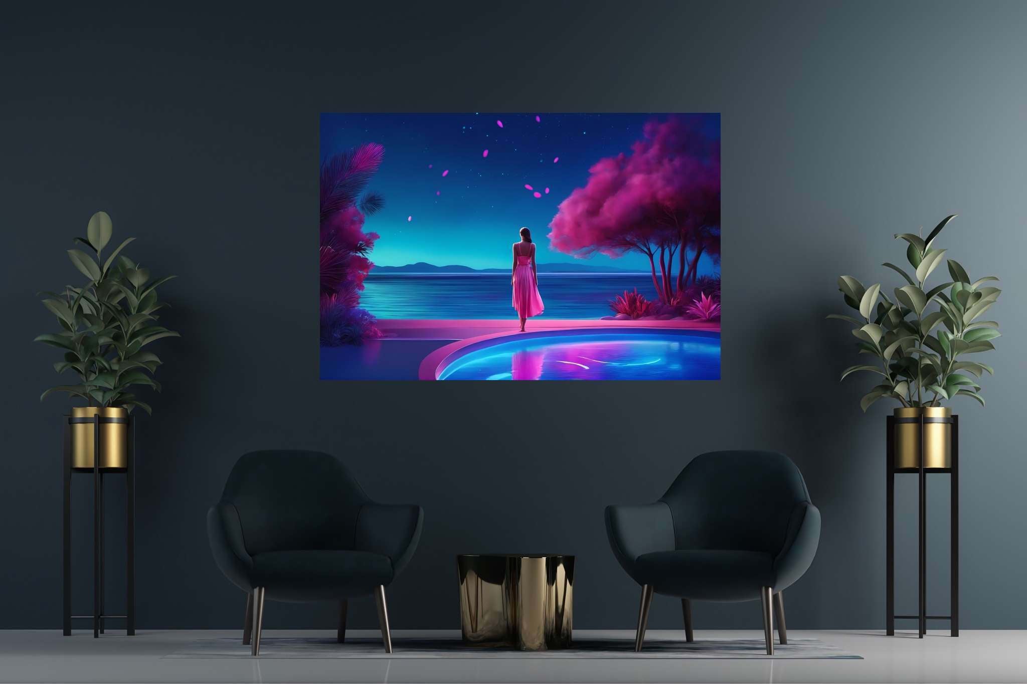Stargazer's serene reflections: Surreal art with metaphysical art, in a room with artistic style, abstract paintings, and designer furniture. The art can be printed on poster, framed poster, canvas, metal, acrylic or wood, exclusively at WallArtZen. Find this exact print at https://wallartzen.com/waz274