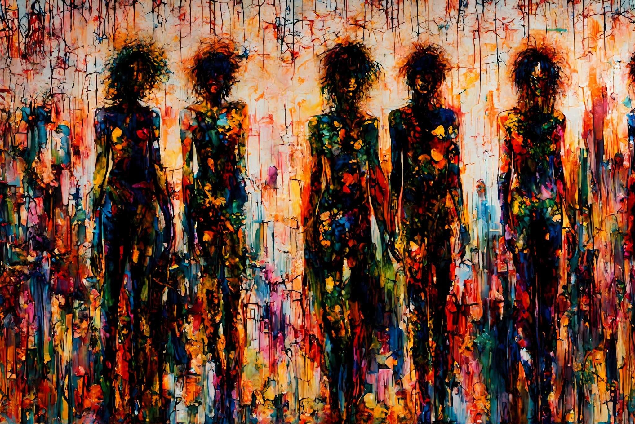 Mosaic souls in tandem: Vibrant art with vivid paintings, in a room with artistic style, photographic wall art, and interior decorations. The art can be printed on poster, framed poster, canvas, metal, acrylic or wood, exclusively at WallArtZen. Find this exact print at https://wallartzen.com/waz275