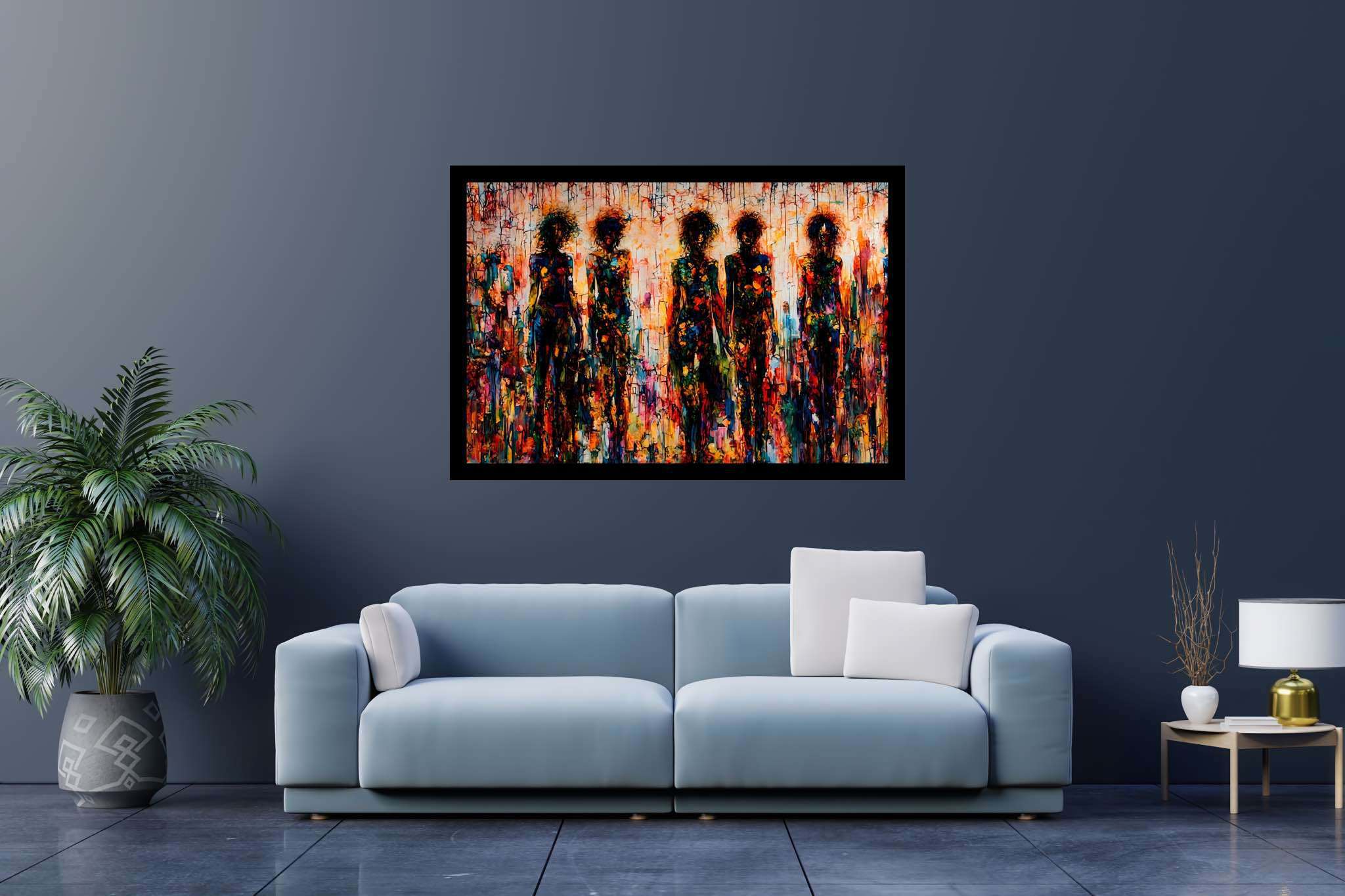 Mosaic souls in tandem: Vibrant art with radiant artwork, in a room with innovative layout, mural artworks, and luxe decor. The art can be printed on poster, framed poster, canvas, metal, acrylic or wood, exclusively at WallArtZen. Find this exact print at https://wallartzen.com/waz275