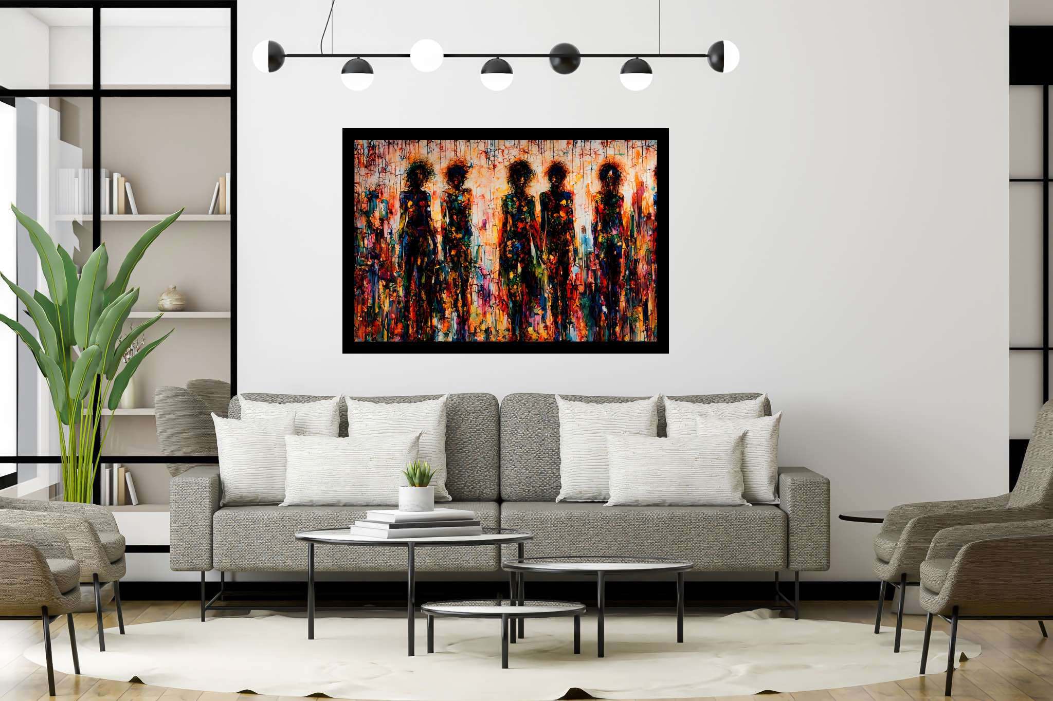 Mosaic souls in tandem: Vibrant art with expressive art, in a room with chic decor, bespoke art designs, and trendy home accents. The art can be printed on poster, framed poster, canvas, metal, acrylic or wood, exclusively at WallArtZen. Find this exact print at https://wallartzen.com/waz275