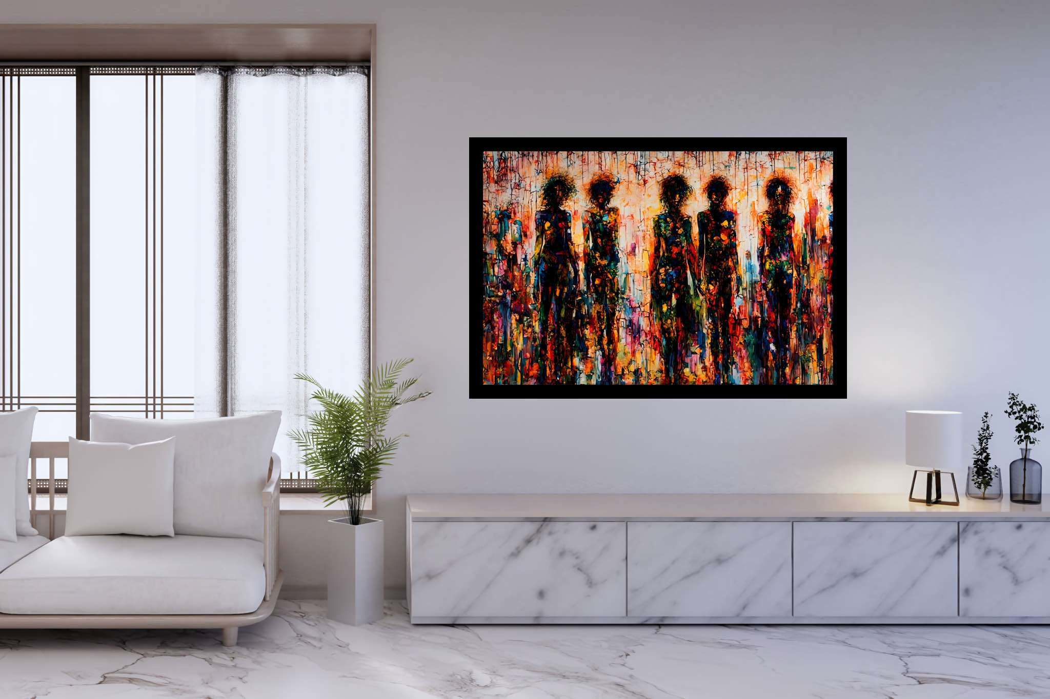 Mosaic souls in tandem: Vibrant art with bold artwork, in a room with classic elegance, digital art pieces, and elegant home goods. The art can be printed on poster, framed poster, canvas, metal, acrylic or wood, exclusively at WallArtZen. Find this exact print at https://wallartzen.com/waz275