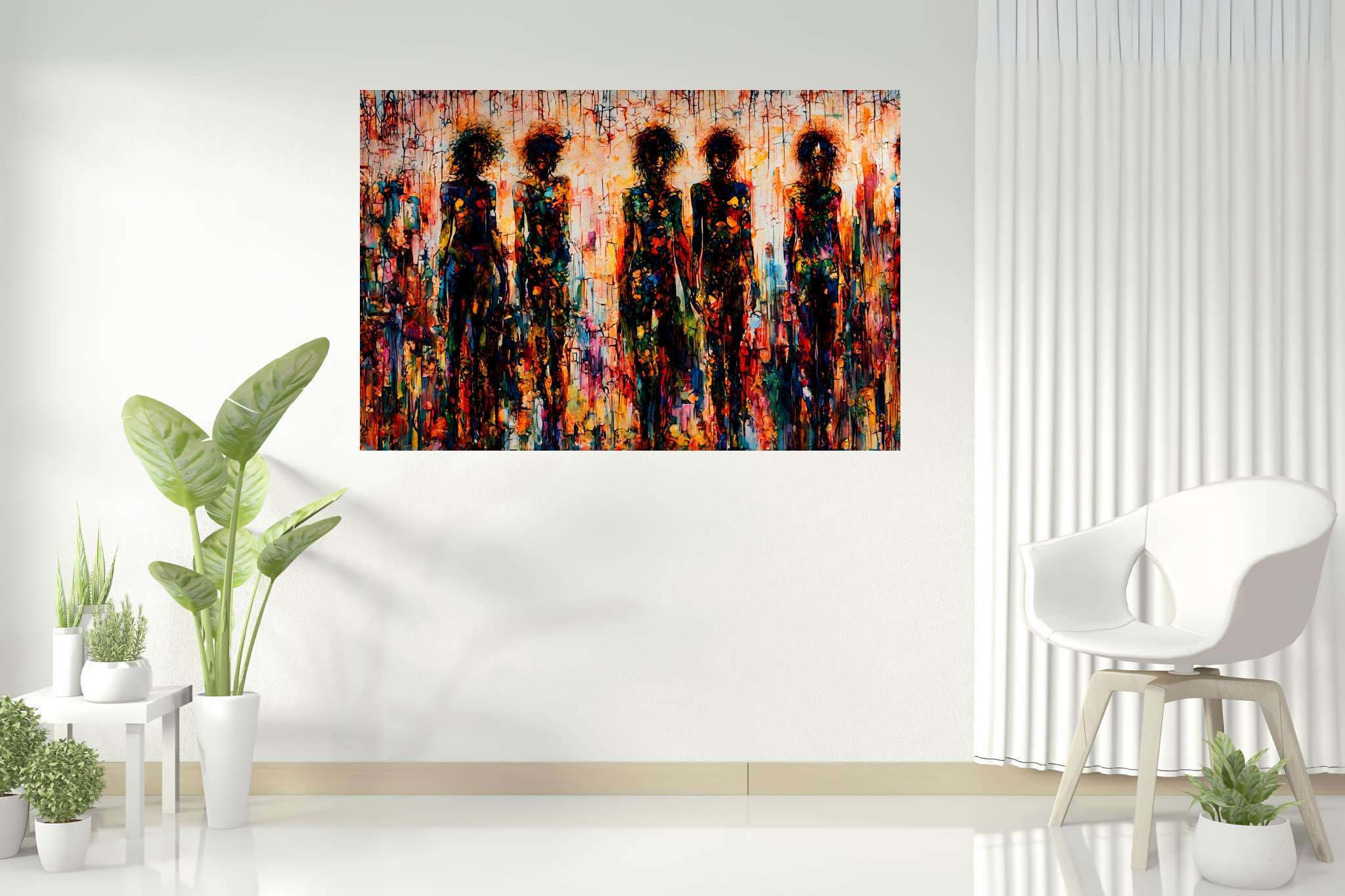 Mosaic souls in tandem: Vibrant art with dynamic art, in a room with chic decor, wall art, and home furnishings. The art can be printed on poster, framed poster, canvas, metal, acrylic or wood, exclusively at WallArtZen. Find this exact print at https://wallartzen.com/waz275