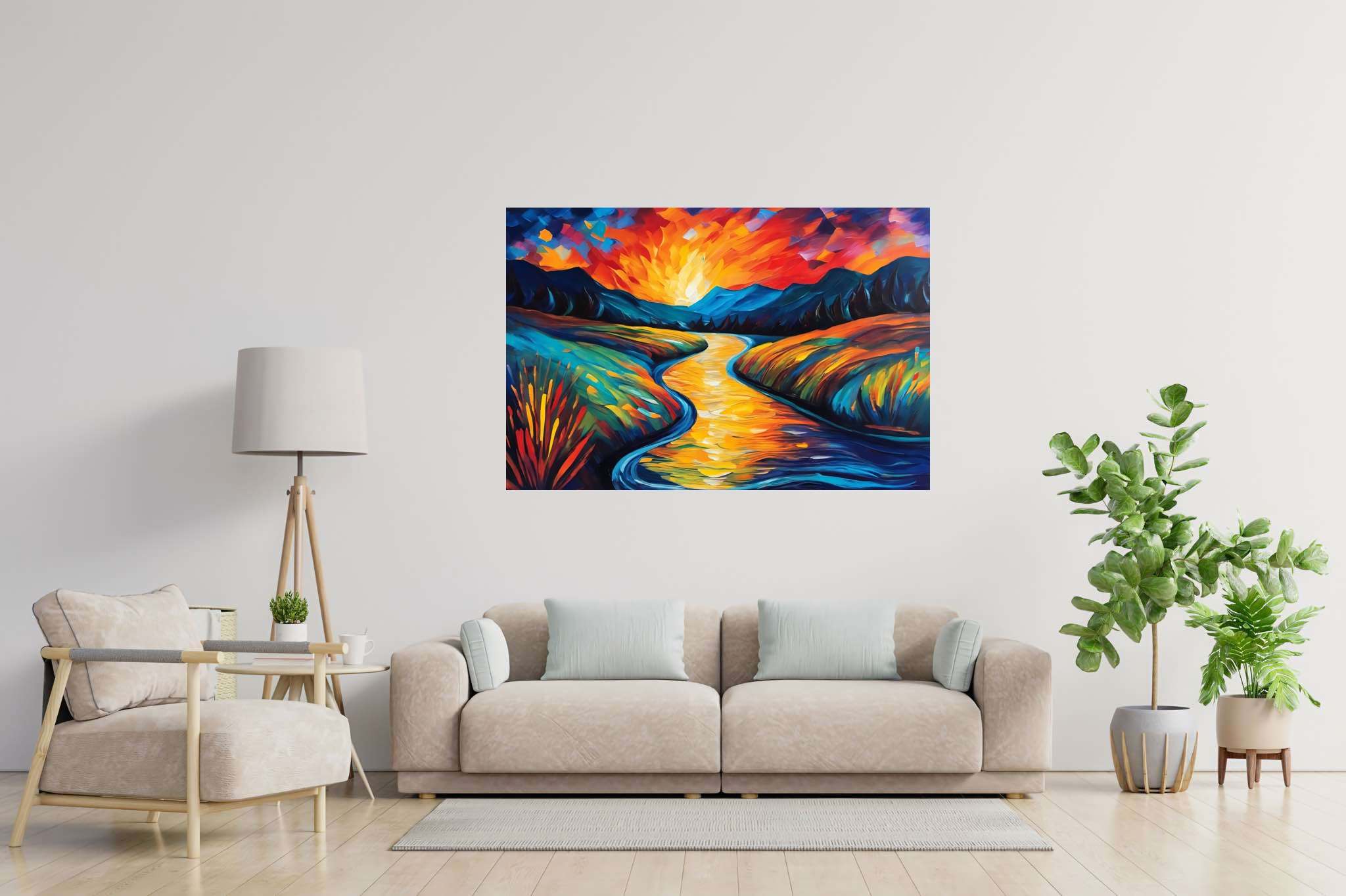 Serene embrace of dusk: Scenic art with natural beauty, in a room with minimalist approach, framed art, and decorative pieces. The art can be printed on poster, framed poster, canvas, metal, acrylic or wood, exclusively at WallArtZen. Find this exact print at https://wallartzen.com/waz277