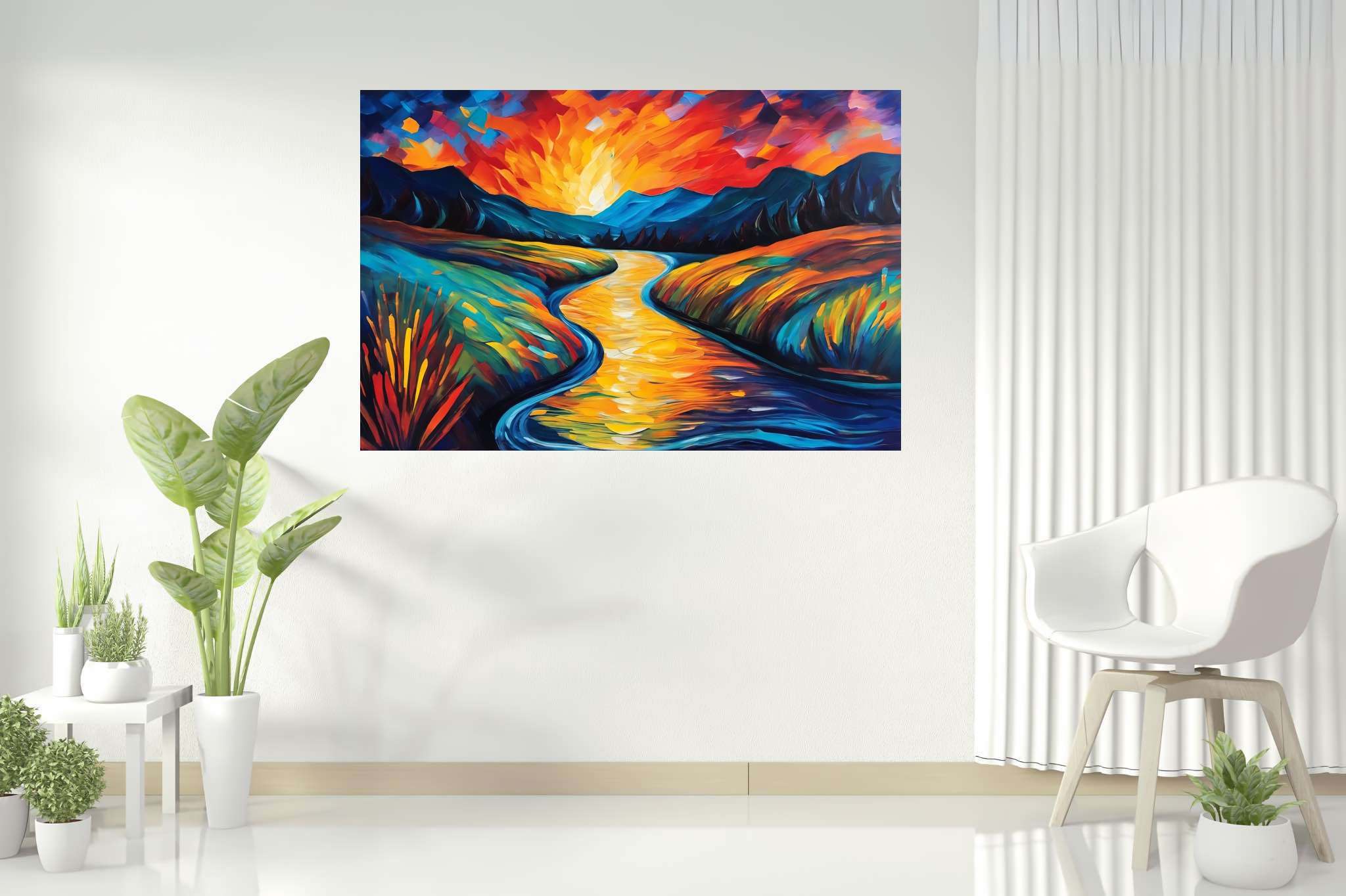 Serene embrace of dusk: Scenic art with scenic illustrations, in a room with chic decor, fine art prints, and elegant home goods. The art can be printed on poster, framed poster, canvas, metal, acrylic or wood, exclusively at WallArtZen. Find this exact print at https://wallartzen.com/waz277