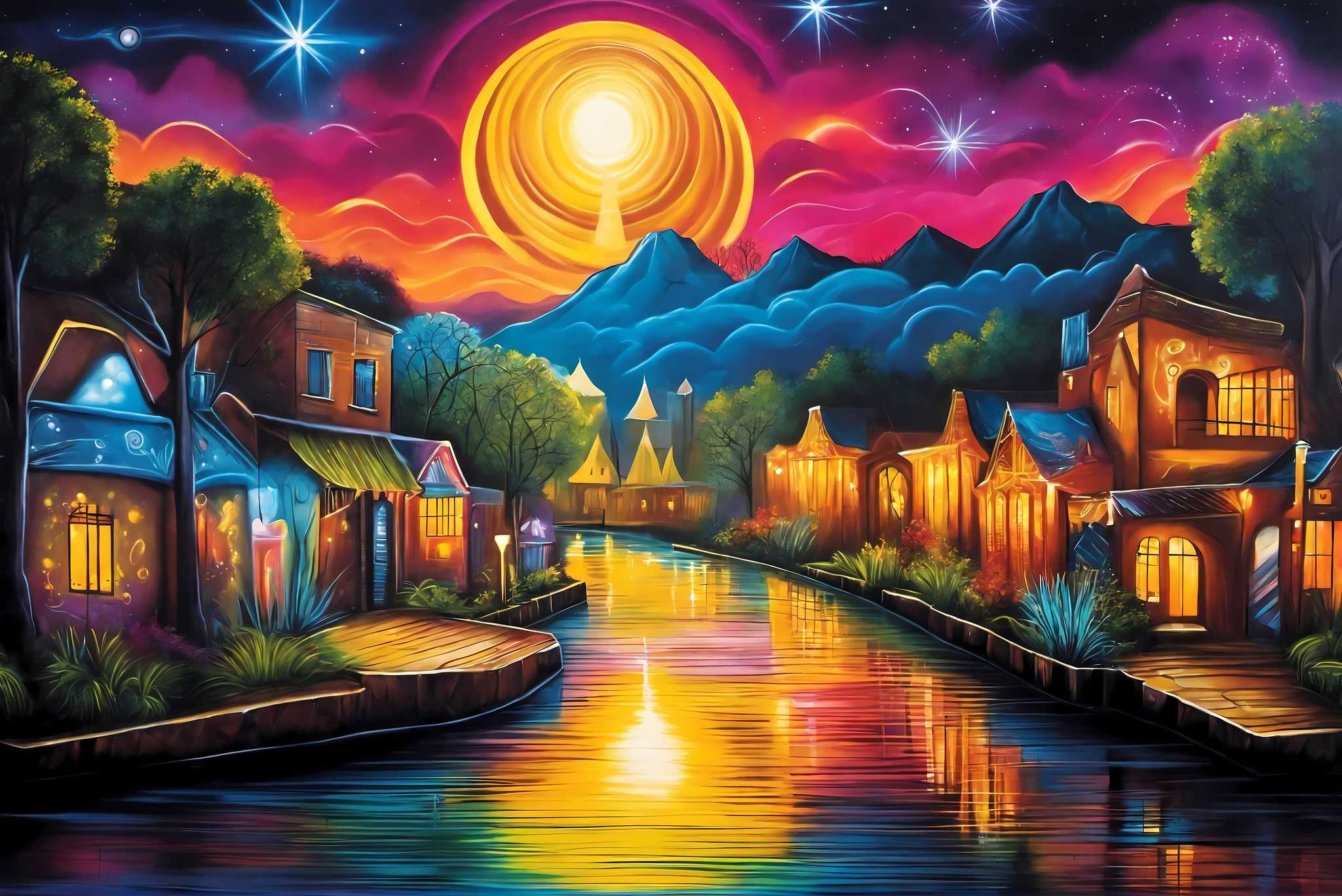 Twilight serenade in solstice town: Serene art with serenity in art, in a room with contemporary flair, mural artworks, and artisan decor. The art can be printed on poster, framed poster, canvas, metal, acrylic or wood, exclusively at WallArtZen. Find this exact print at https://wallartzen.com/waz280