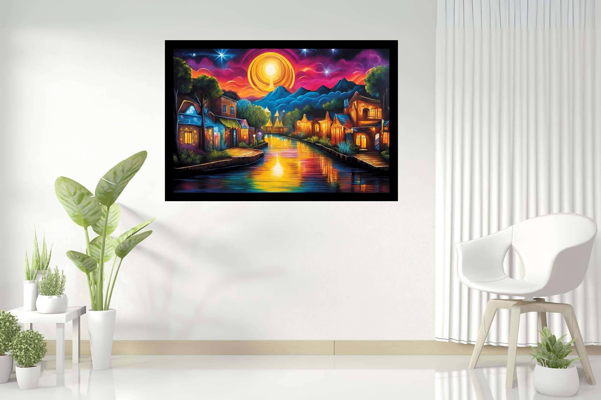 Twilight serenade in solstice town: Serene art with tranquil nature, in a room with minimalist approach, abstract paintings, and artisan decor. The art can be printed on poster, framed poster, canvas, metal, acrylic or wood, exclusively at WallArtZen. Find this exact print at https://wallartzen.com/waz280