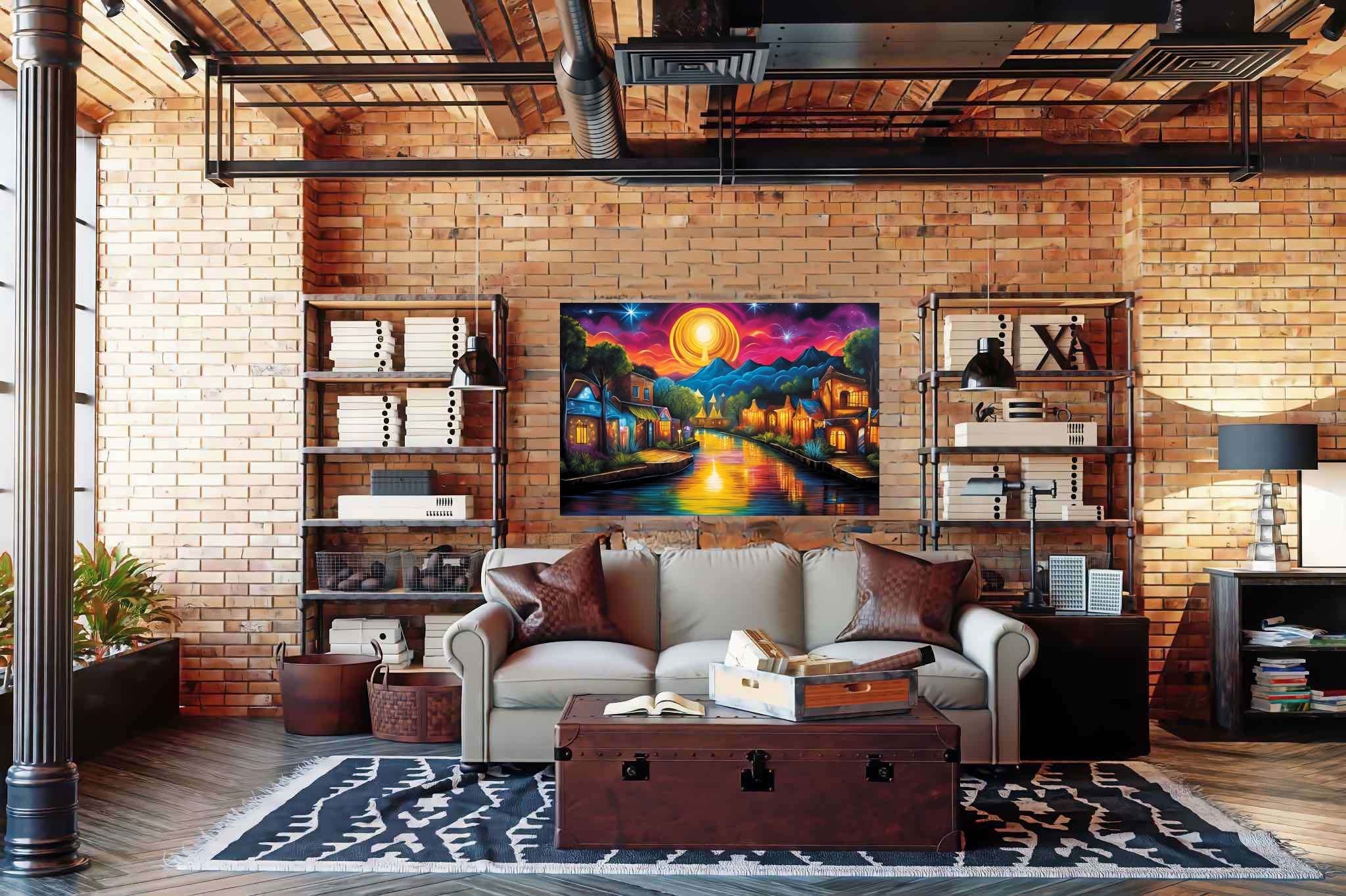 Twilight serenade in solstice town: Serene art with peaceful abstract, in a room with urban design, abstract paintings, and artisan decor. The art can be printed on poster, framed poster, canvas, metal, acrylic or wood, exclusively at WallArtZen. Find this exact print at https://wallartzen.com/waz280