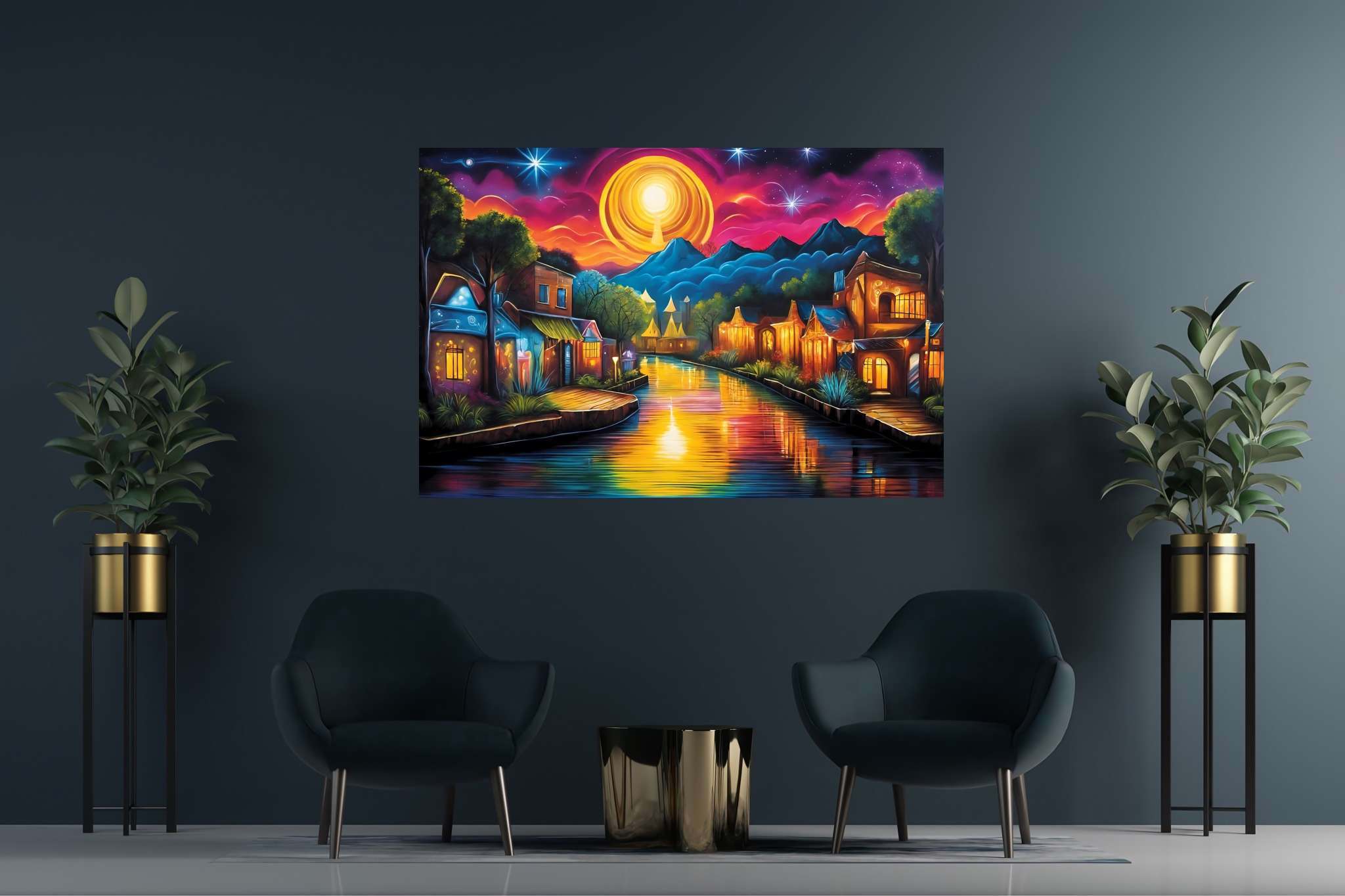 Twilight serenade in solstice town: Serene art with tranquil paintings, in a room with urban design, bespoke art designs, and artisan decor. The art can be printed on poster, framed poster, canvas, metal, acrylic or wood, exclusively at WallArtZen. Find this exact print at https://wallartzen.com/waz280