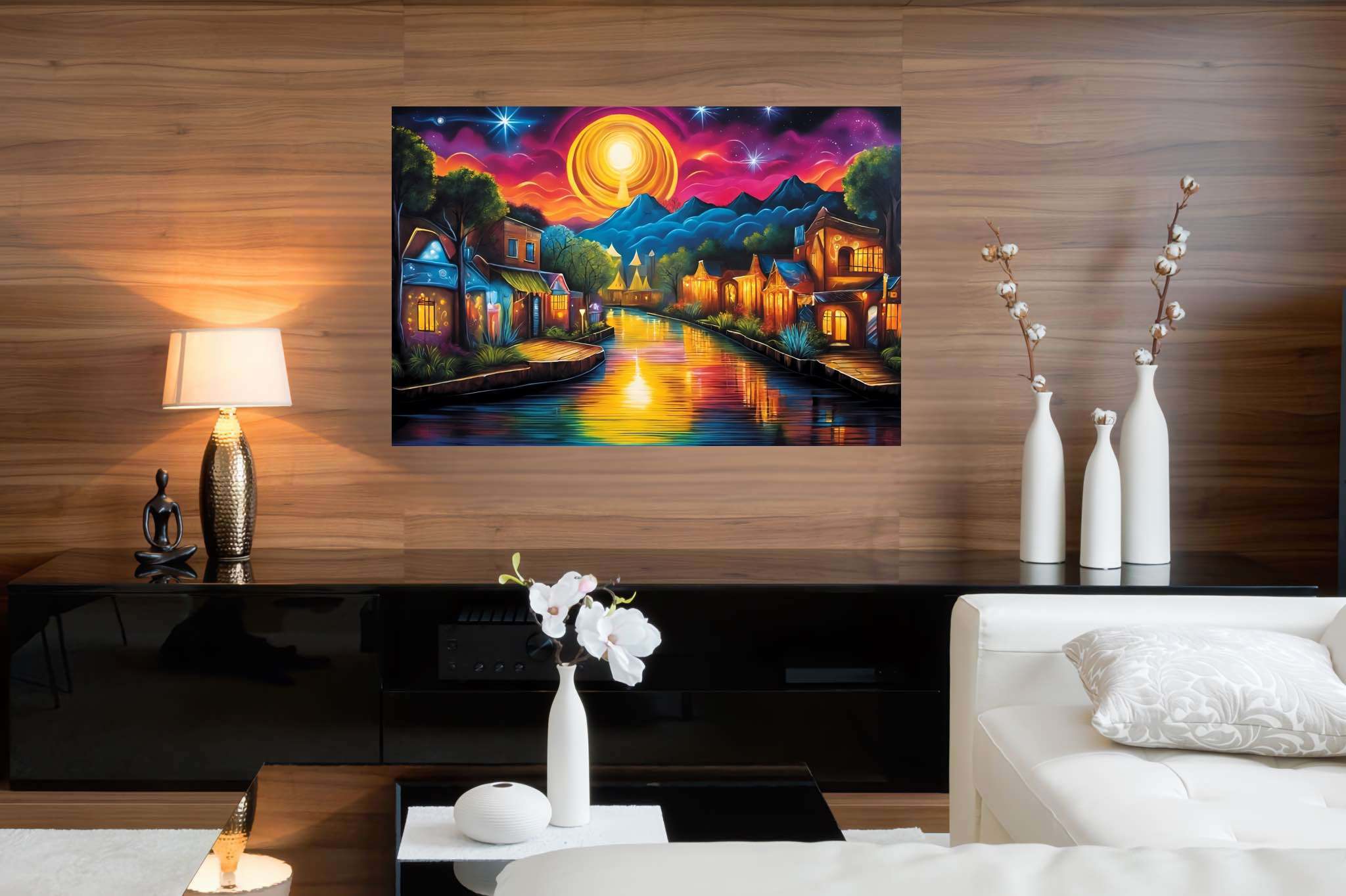Twilight serenade in solstice town: Serene art with tranquil artistic creations, in a room with elegant layout, digital art pieces, and home furnishings. The art can be printed on poster, framed poster, canvas, metal, acrylic or wood, exclusively at WallArtZen. Find this exact print at https://wallartzen.com/waz280