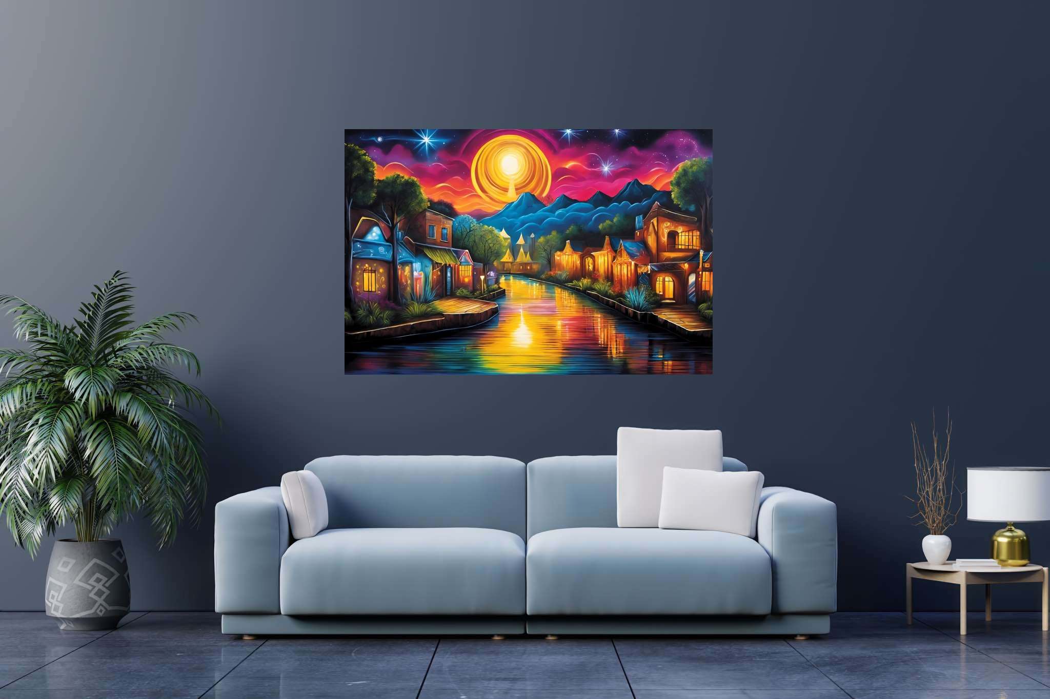 Twilight serenade in solstice town: Serene art with serene artistry, in a room with elegant layout, wall art, and elegant home goods. The art can be printed on poster, framed poster, canvas, metal, acrylic or wood, exclusively at WallArtZen. Find this exact print at https://wallartzen.com/waz280