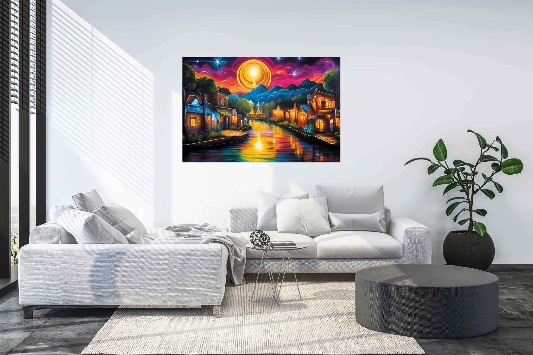 Twilight serenade in solstice town: Serene art with serene landscape, in a room with urban design, abstract paintings, and stylish accessories. The art can be printed on poster, framed poster, canvas, metal, acrylic or wood, exclusively at WallArtZen. Find this exact print at https://wallartzen.com/waz280