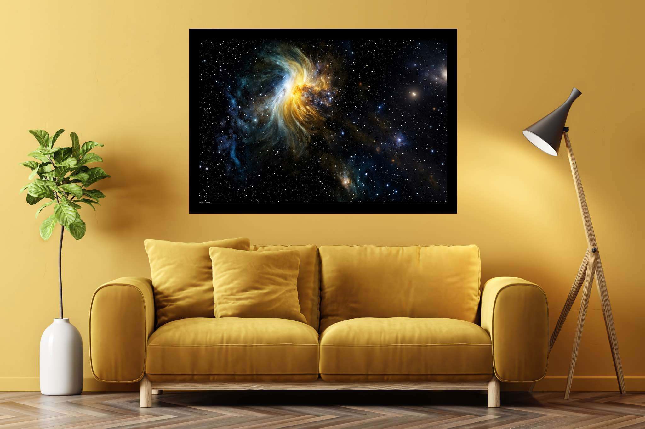 Stardust serenade: Cosmos art with cosmic creations, in a room with minimalist approach, photographic wall art, and luxe decor. The art can be printed on poster, framed poster, canvas, metal, acrylic or wood, exclusively at WallArtZen. Find this exact print at https://wallartzen.com/waz281